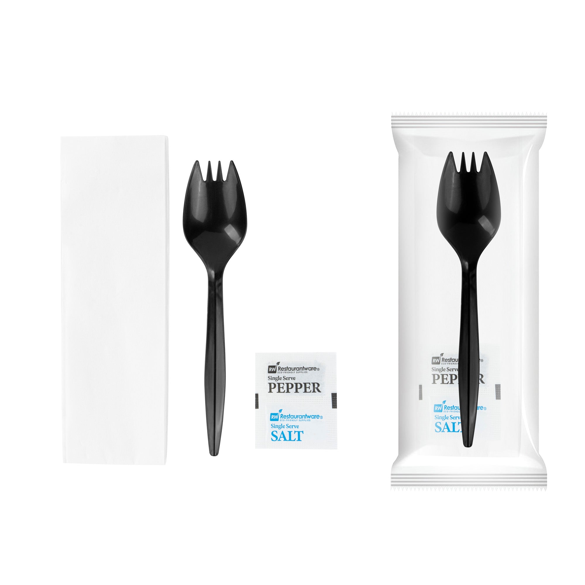 Chef 101 Black Plastic Spork - with Napkin and Salt / Pepper Packets, Medium Weight, Wrapped - 5 1/4" - 500 count box