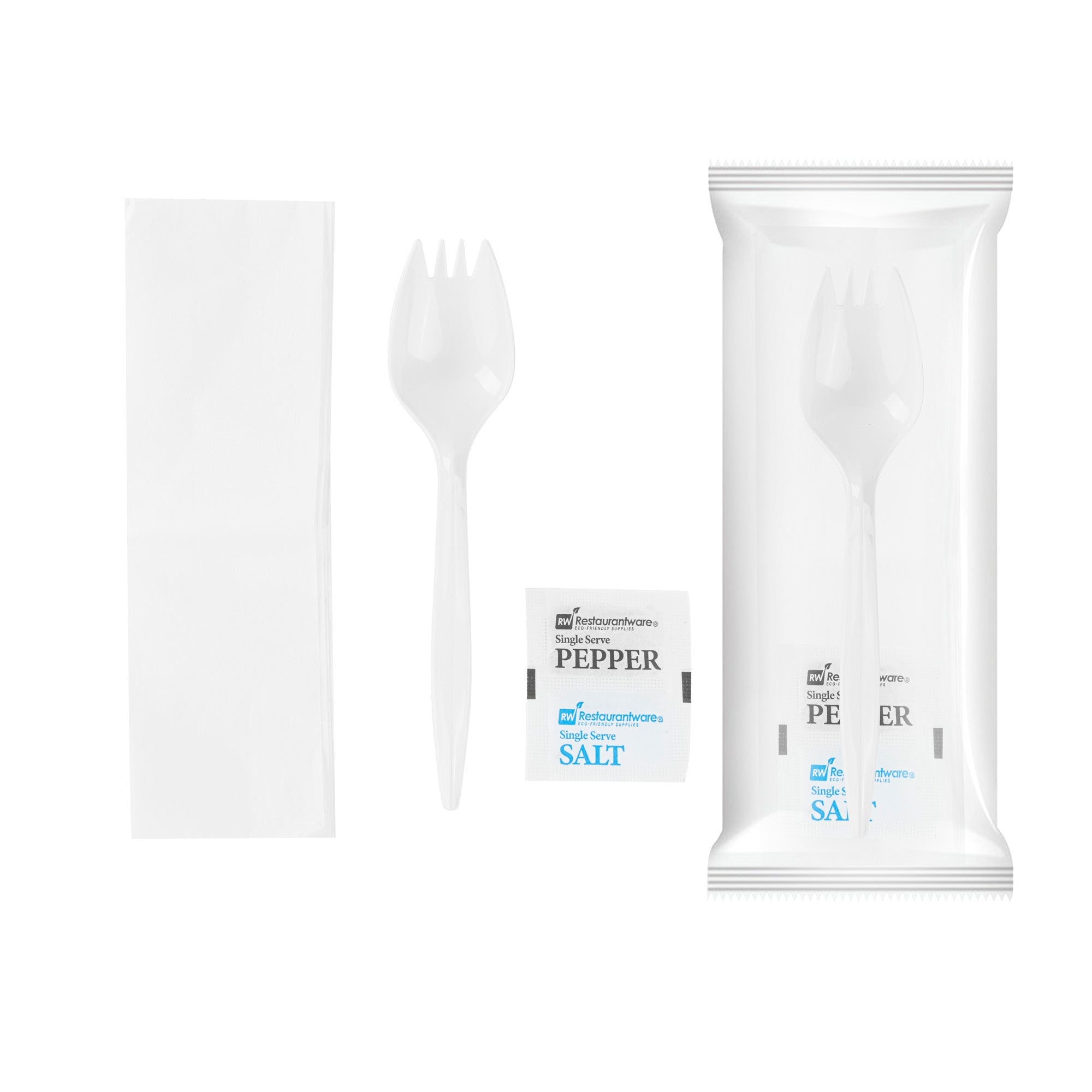 Chef 101 White Plastic Spork - with Napkin and Salt / Pepper Packets, Medium Weight, Wrapped - 5 1/4" - 500 count box