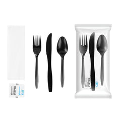 Chef 101 Black Plastic Cutlery Set - with Napkin and Salt / Pepper Packets, Medium Weight, Wrapped - 6 1/2