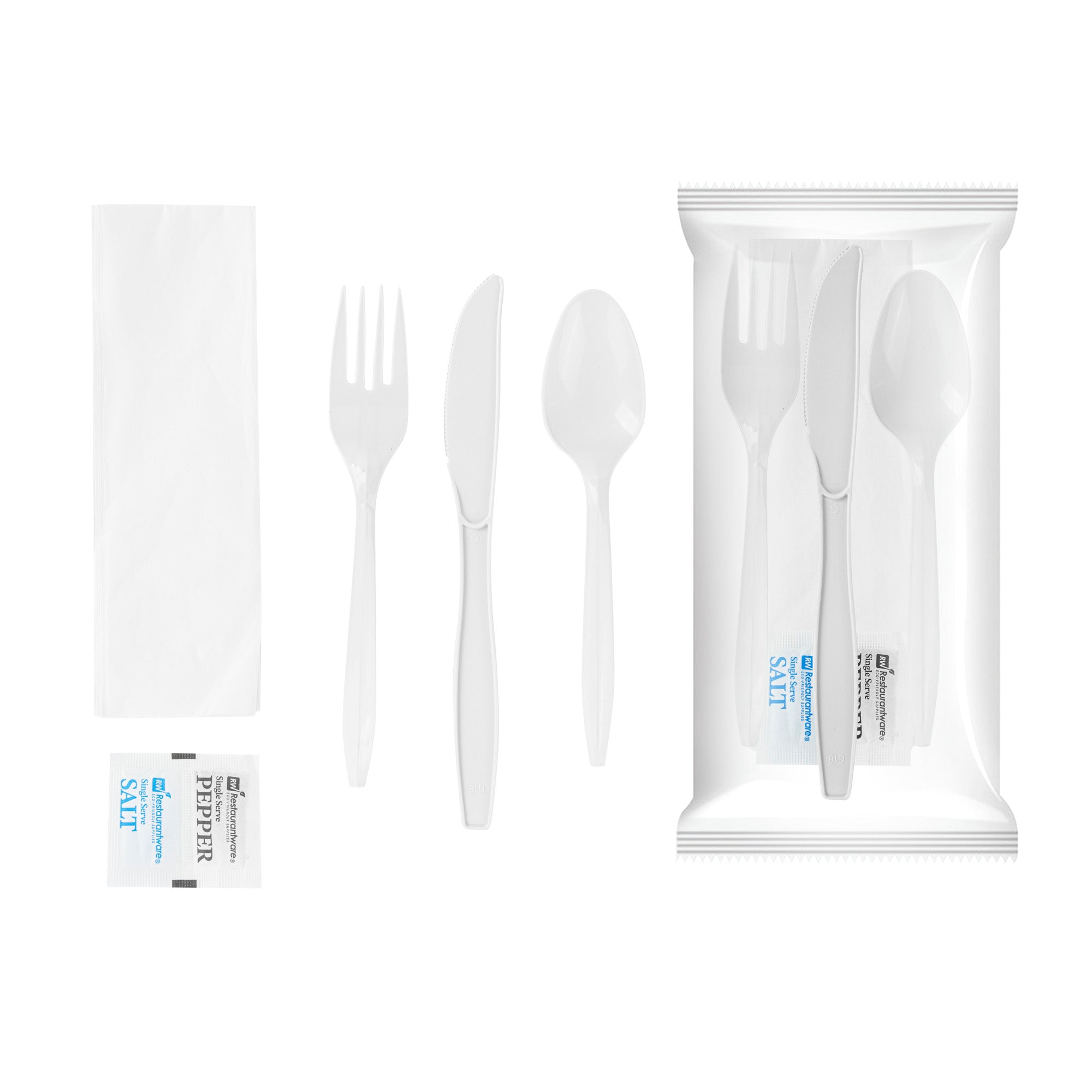 Chef 101 White Plastic Cutlery Set - with Napkin and Salt / Pepper Packets, Medium Weight, Wrapped - 6 1/2" - 250 count box