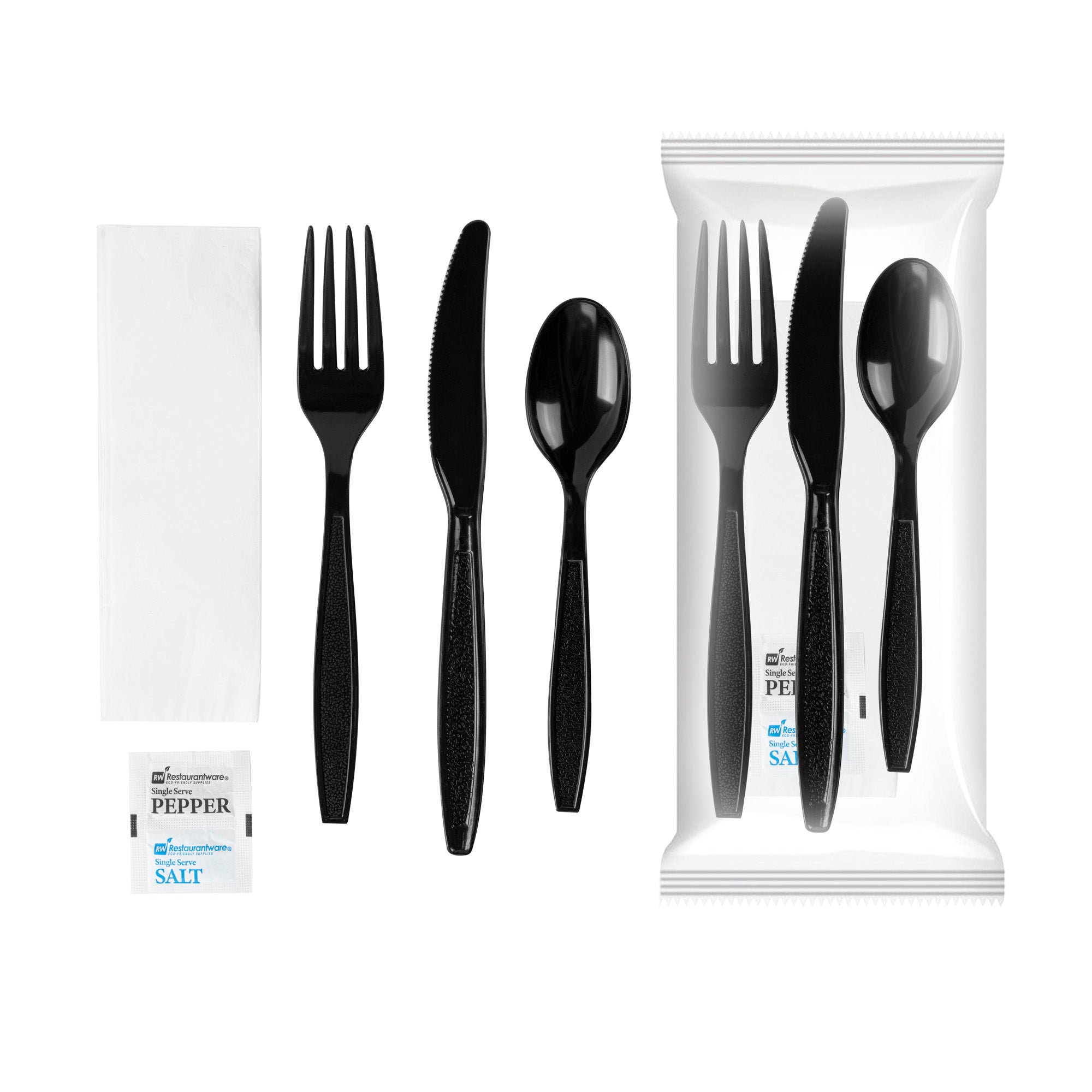 Chef 101 Black Plastic Cutlery Set - with Napkin and Salt / Pepper Packets, Extra Heavy Weight, Wrapped - 7 1/2" - 500 count box