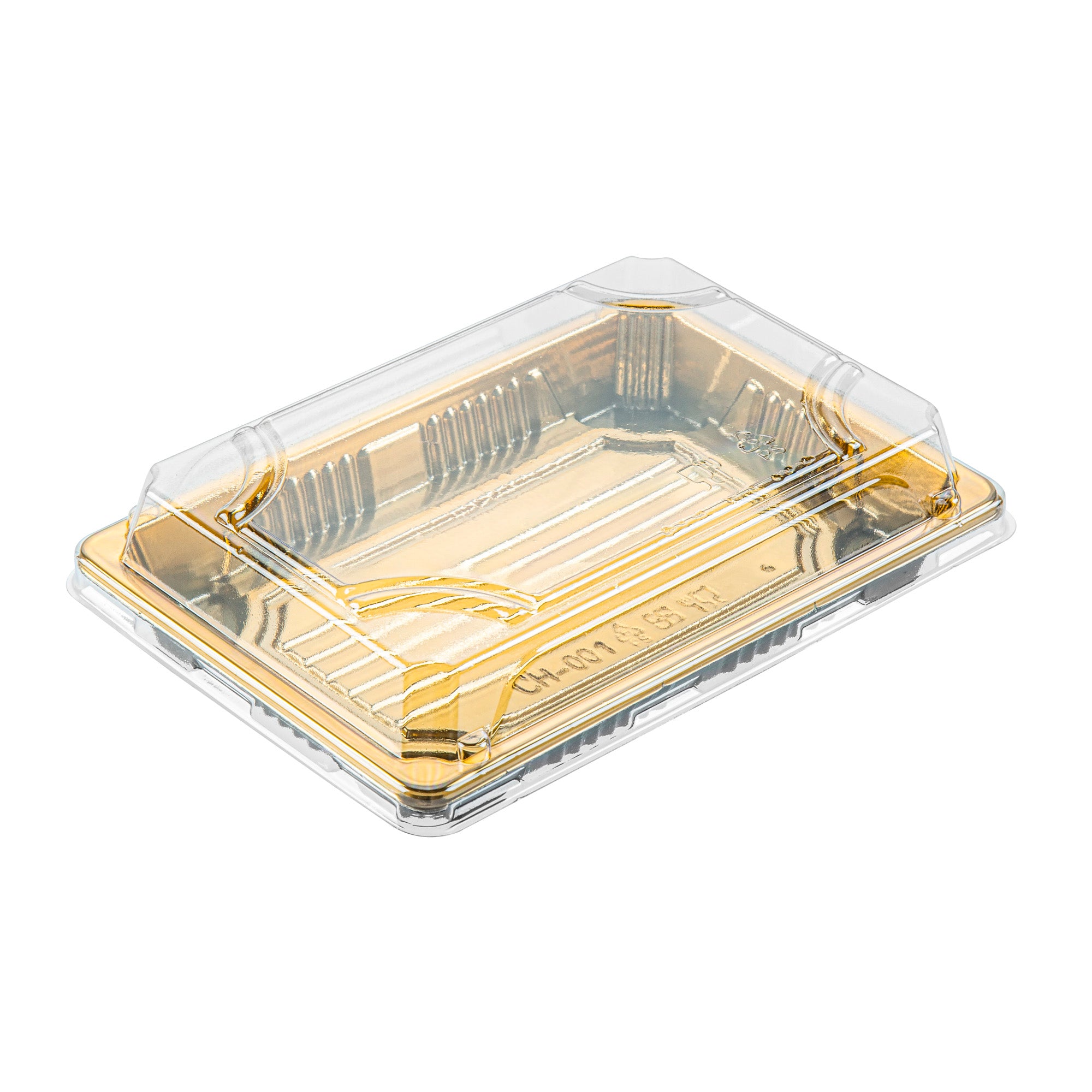 Roku Rectangle Gold Plastic Take Out Sushi Tray - with Clear Lid - 6 1/2" x 4 1/4" x 1 1/2" - 100 count box