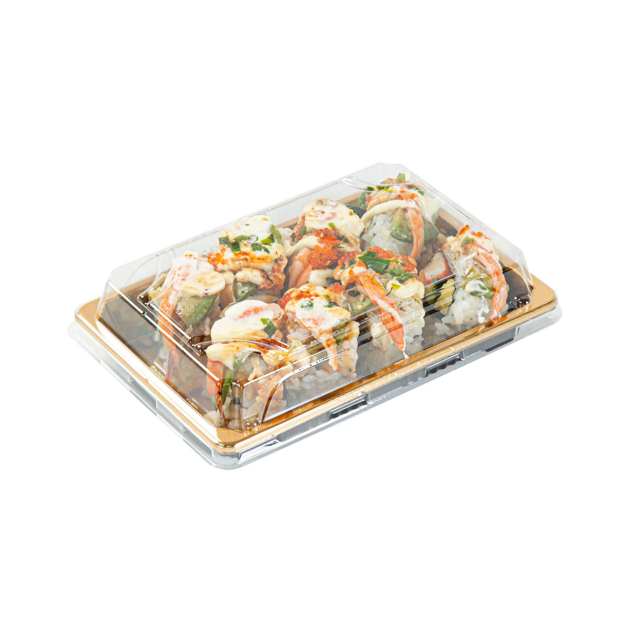 Roku Rectangle Gold Plastic Take Out Sushi Tray - with Clear Lid - 6 1/2" x 4 1/4" x 1 1/2" - 100 count box