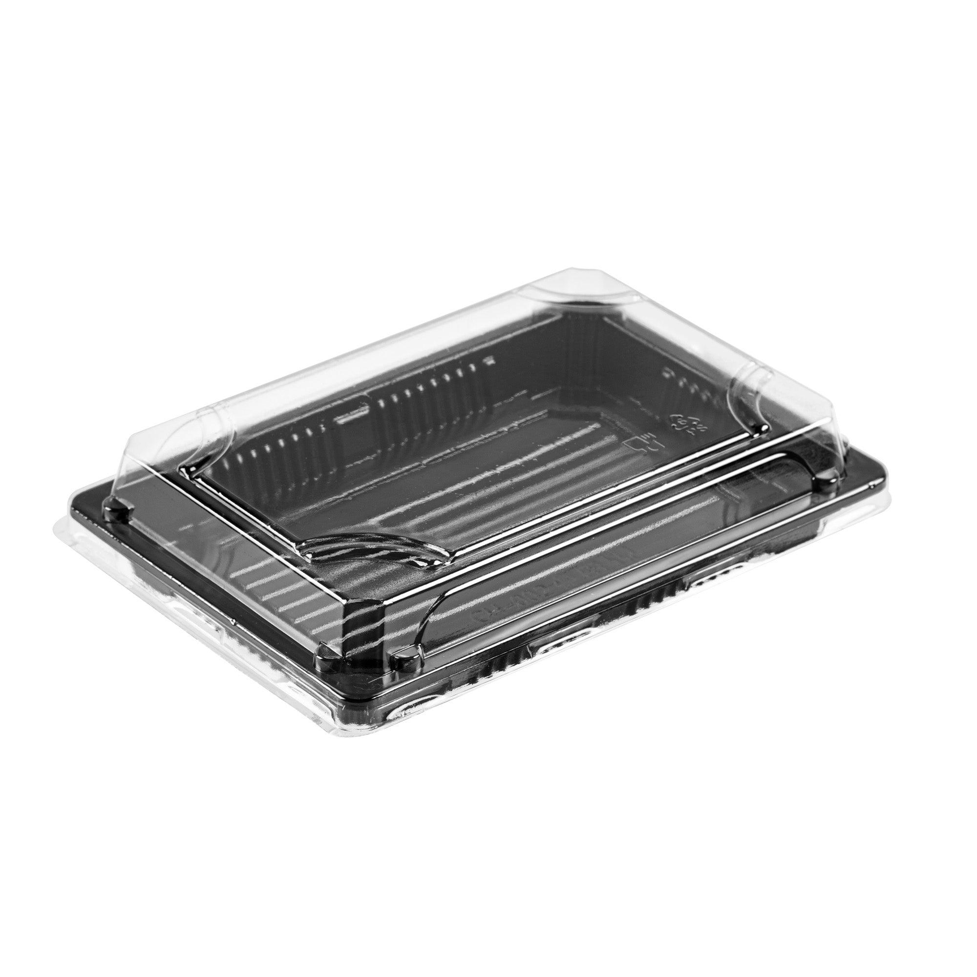 Roku Rectangle Black Plastic Take Out Sushi Tray - with Clear Lid - 7" x 5" x 1 1/2" - 100 count box
