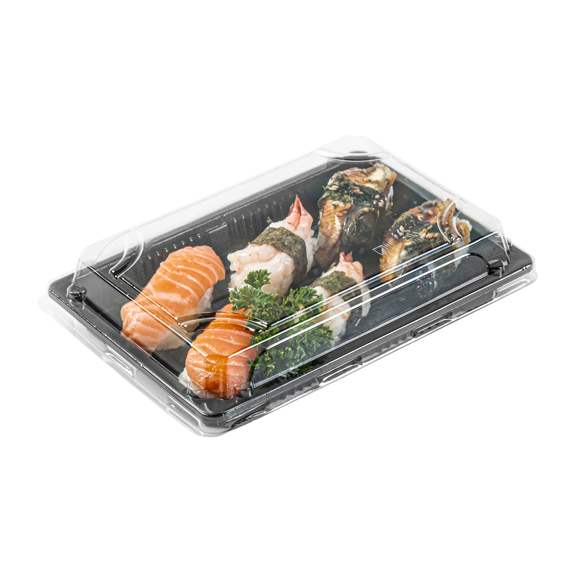 Roku Rectangle Black Plastic Take Out Sushi Tray - with Clear Lid - 7" x 5" x 1 1/2" - 100 count box