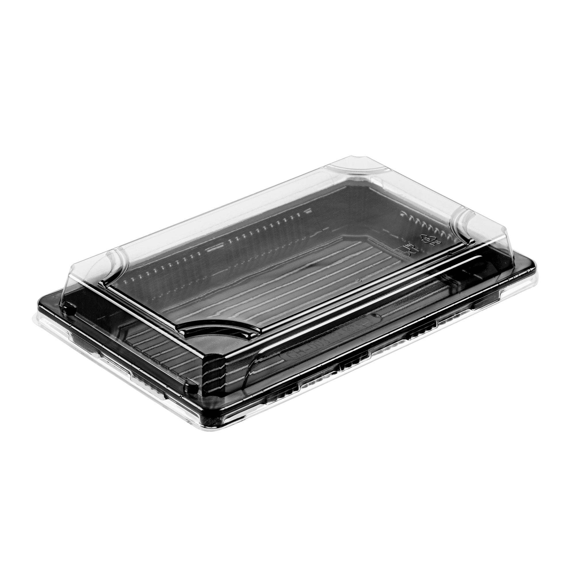 Roku Rectangle Black Plastic Take Out Sushi Tray - with Clear Lid - 8 1/4" x 5 1/4" x 1 1/2" - 100 count box