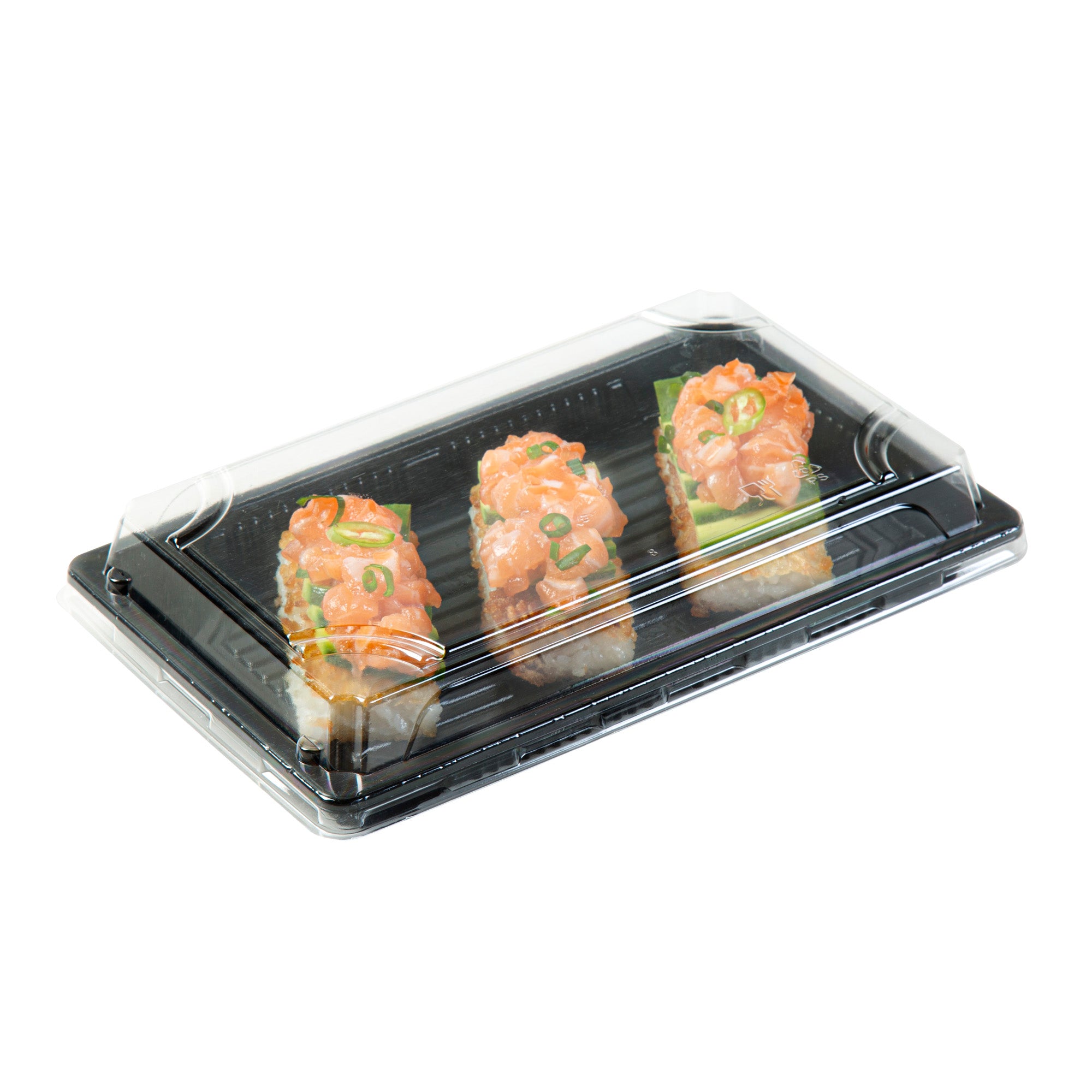 Roku Rectangle Black Plastic Take Out Sushi Tray - with Clear Lid - 8 1/4" x 5 1/4" x 1 1/2" - 100 count box