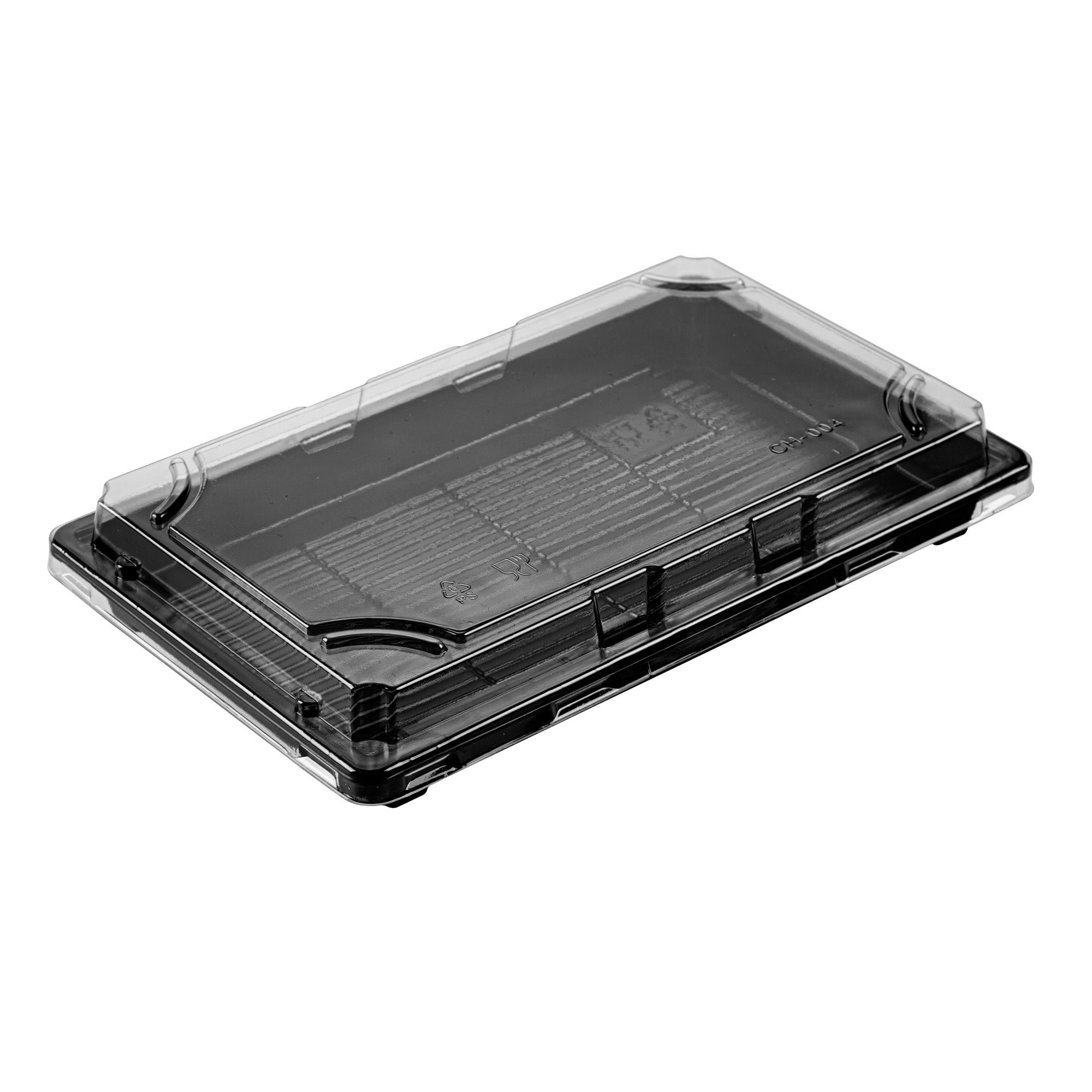 Roku Rectangle Black Plastic Take Out Sushi Tray - with Clear Lid - 9 1/4" x 6" x 1 3/4" - 100 count box