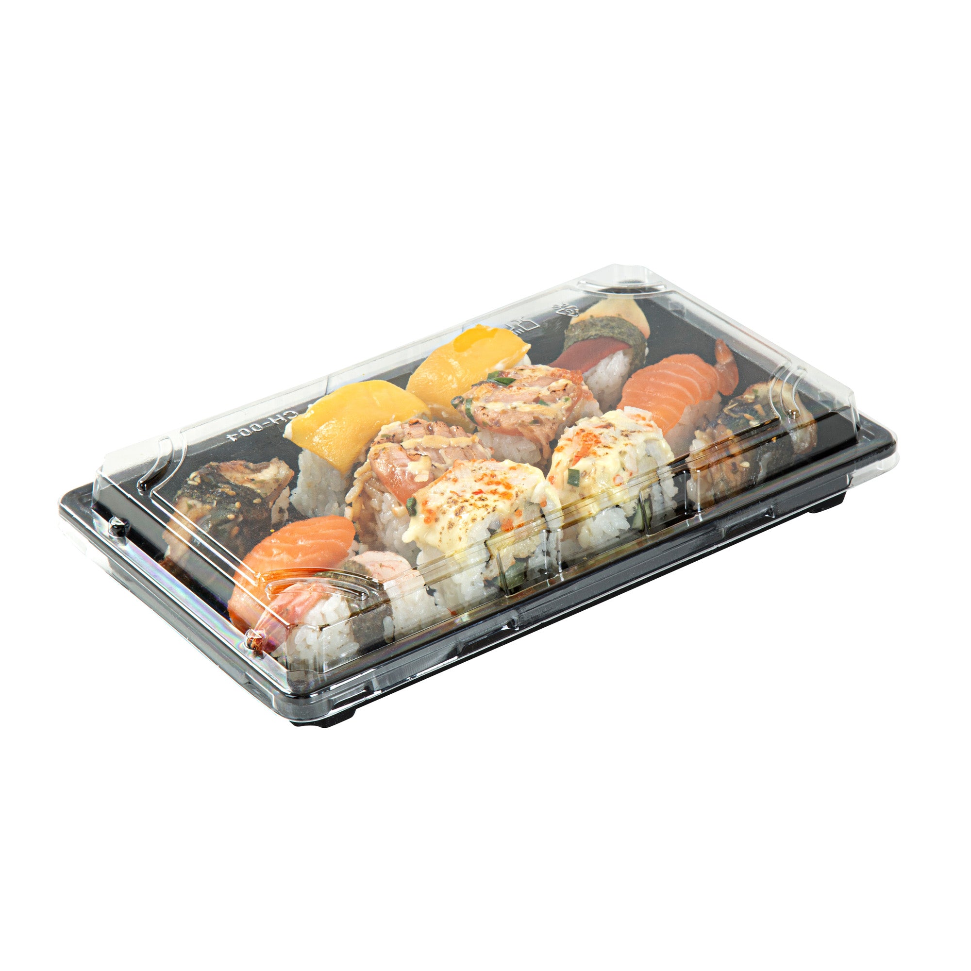 Roku Rectangle Black Plastic Take Out Sushi Tray - with Clear Lid - 9 1/4" x 6" x 1 3/4" - 100 count box