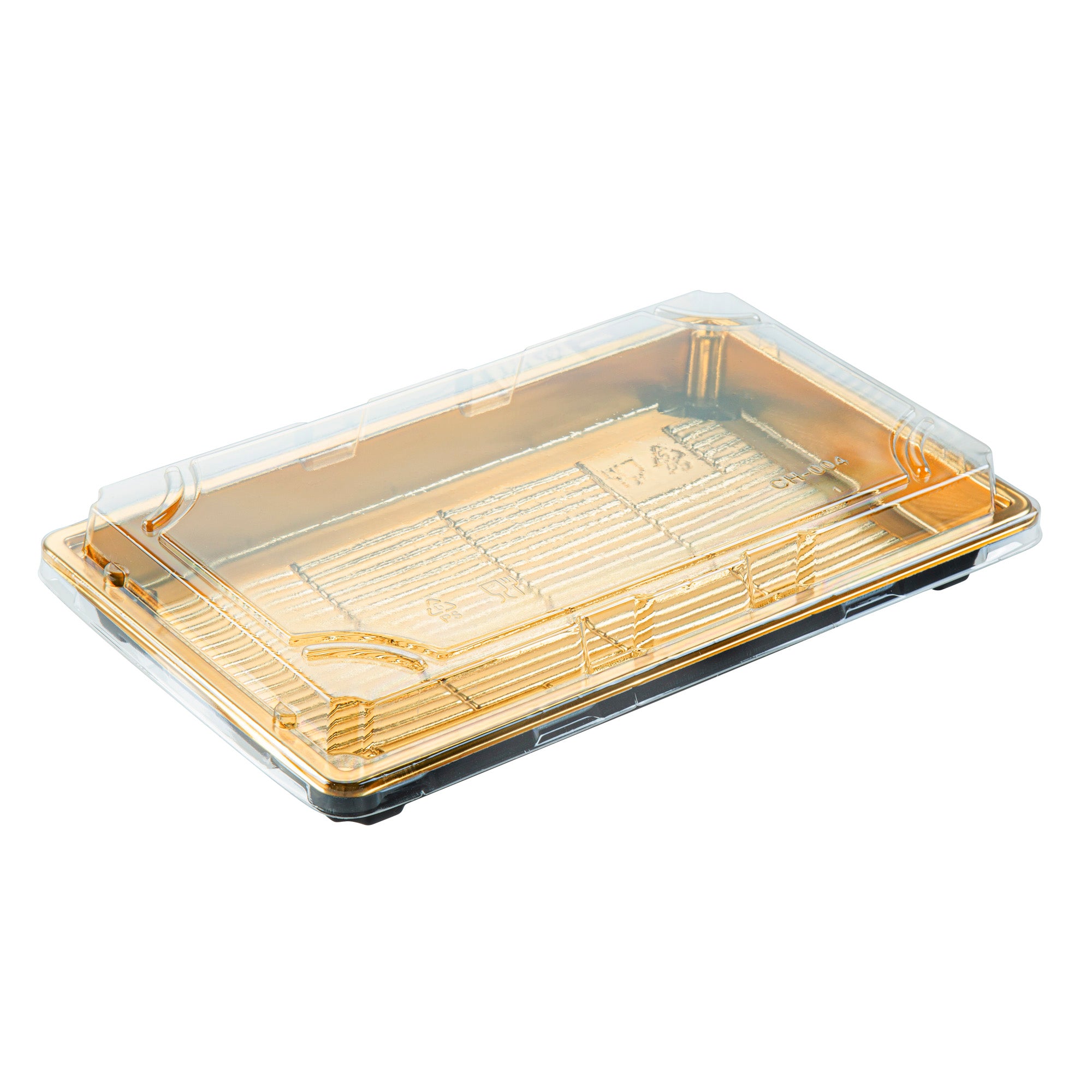 Roku Rectangle Gold Plastic Take Out Sushi Tray - with Clear Lid - 9 1/4" x 6" x 1 3/4" - 100 count box