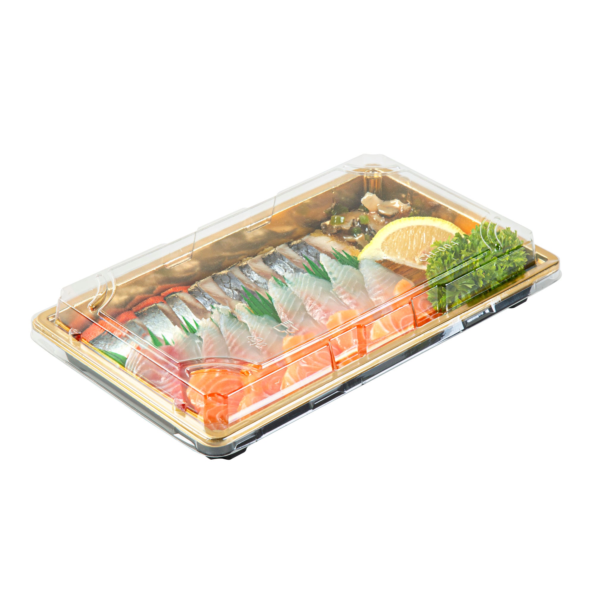 Roku Rectangle Gold Plastic Take Out Sushi Tray - with Clear Lid - 9 1/4" x 6" x 1 3/4" - 100 count box