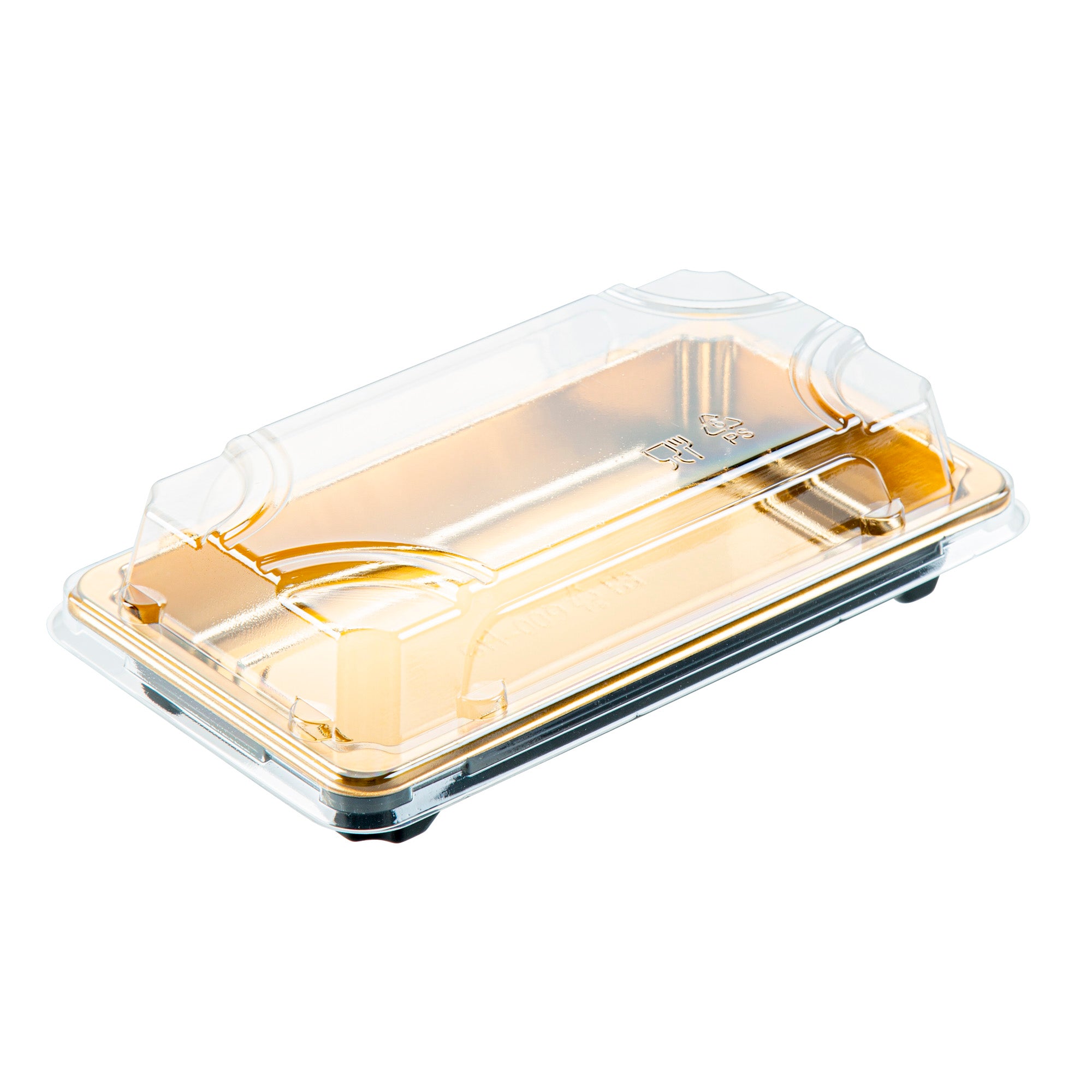 Roku Rectangle Gold Plastic Take Out Sushi Tray - with Clear Lid - 6" x 3 1/2" x 1 3/4" - 100 count box