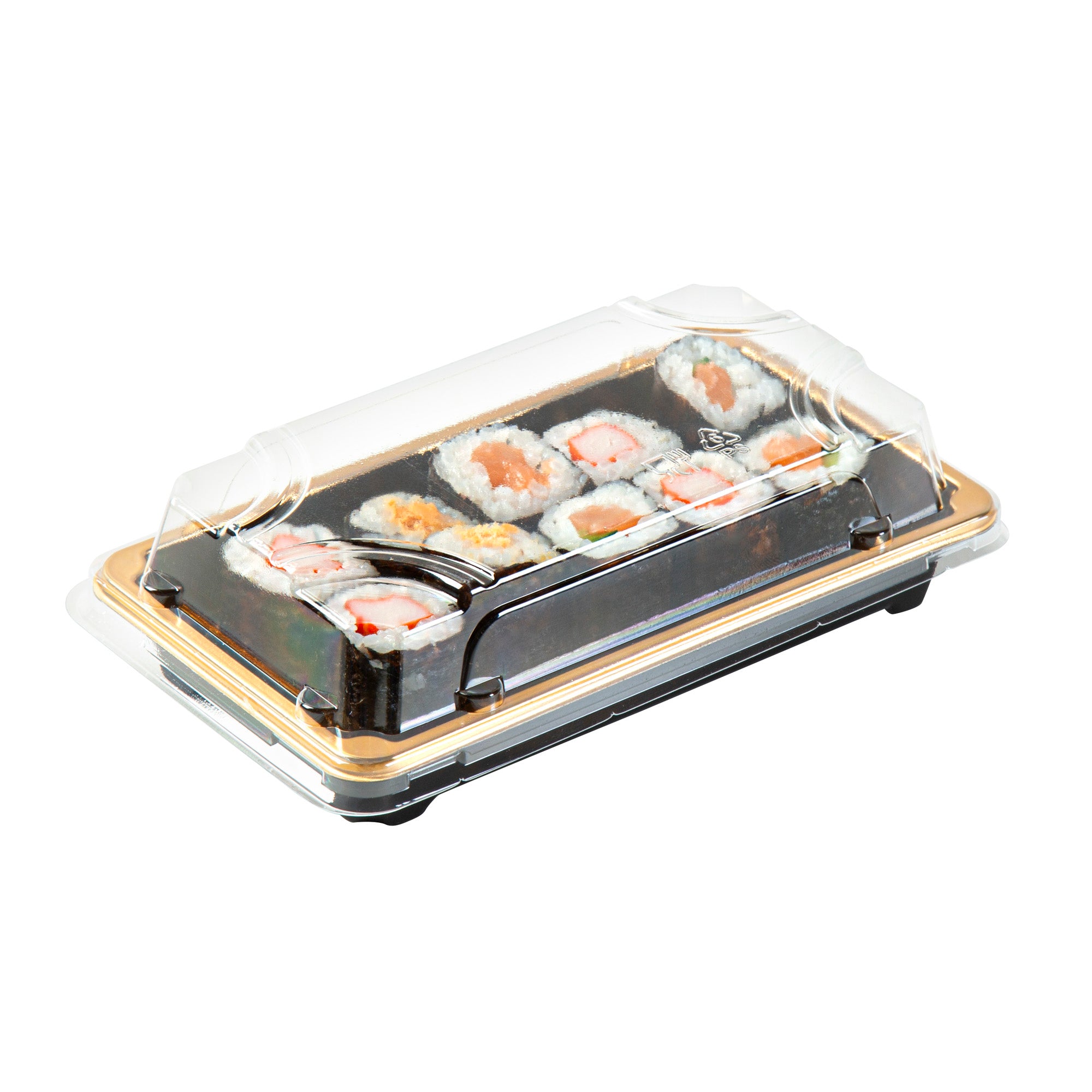 Roku Rectangle Gold Plastic Take Out Sushi Tray - with Clear Lid - 6" x 3 1/2" x 1 3/4" - 100 count box
