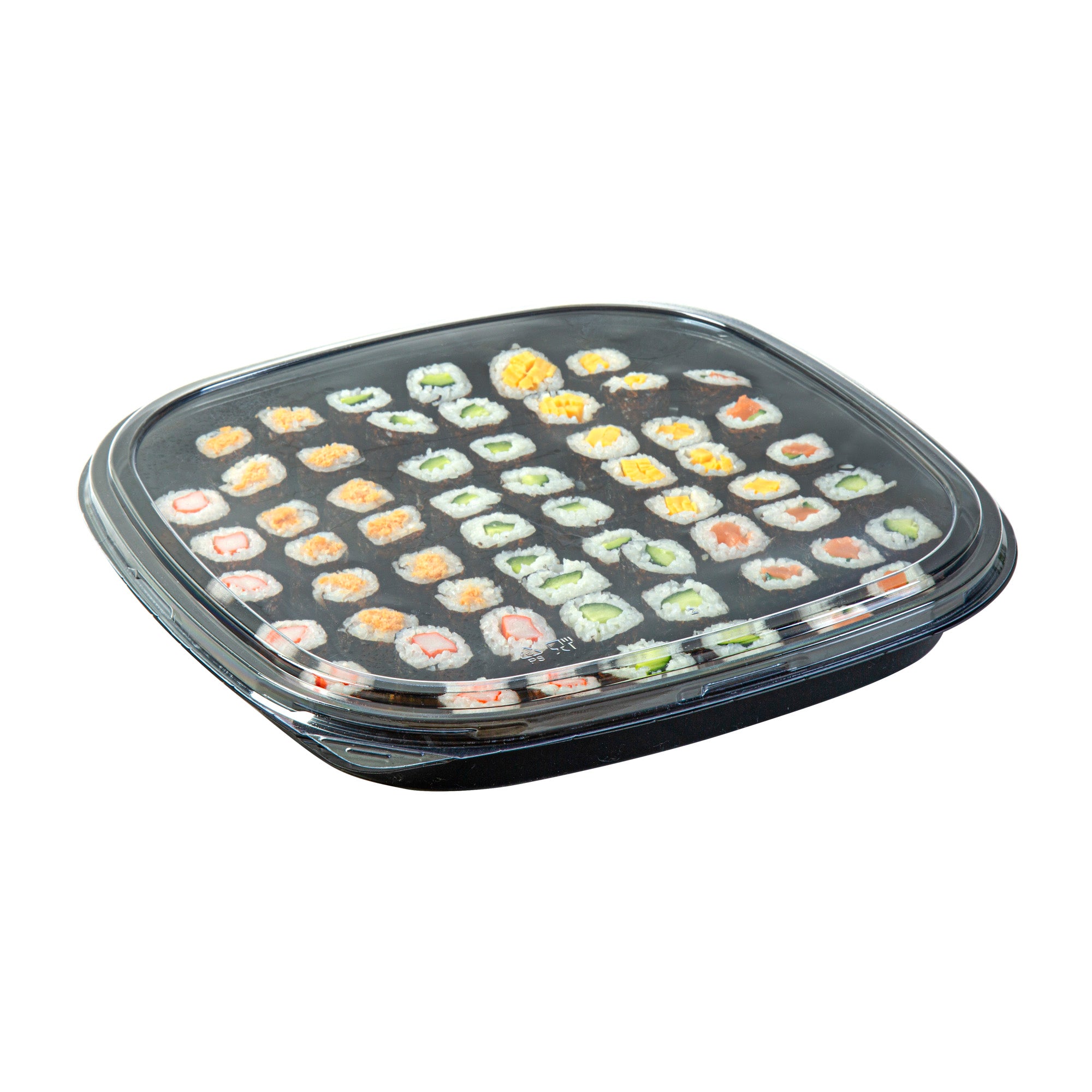 Roku Square Black Plastic Take Out Sushi Tray - with Clear Lid - 12 1/2" x 12 1/2" x 1 3/4" - 100 count box