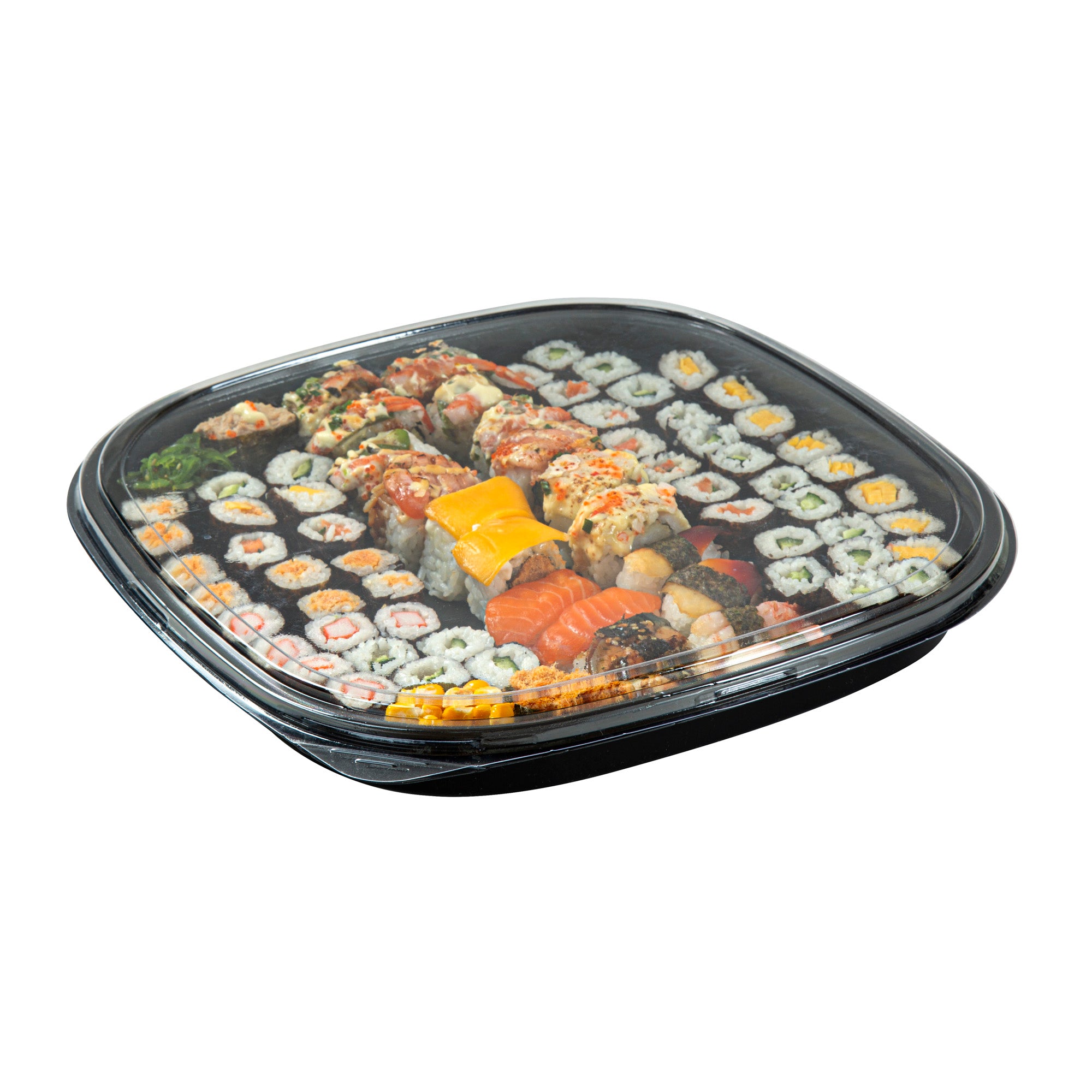 Roku Square Black Plastic Take Out Sushi Tray - with Clear Lid - 13 1/2" x 13 1/2" x 1 3/4" - 100 count box