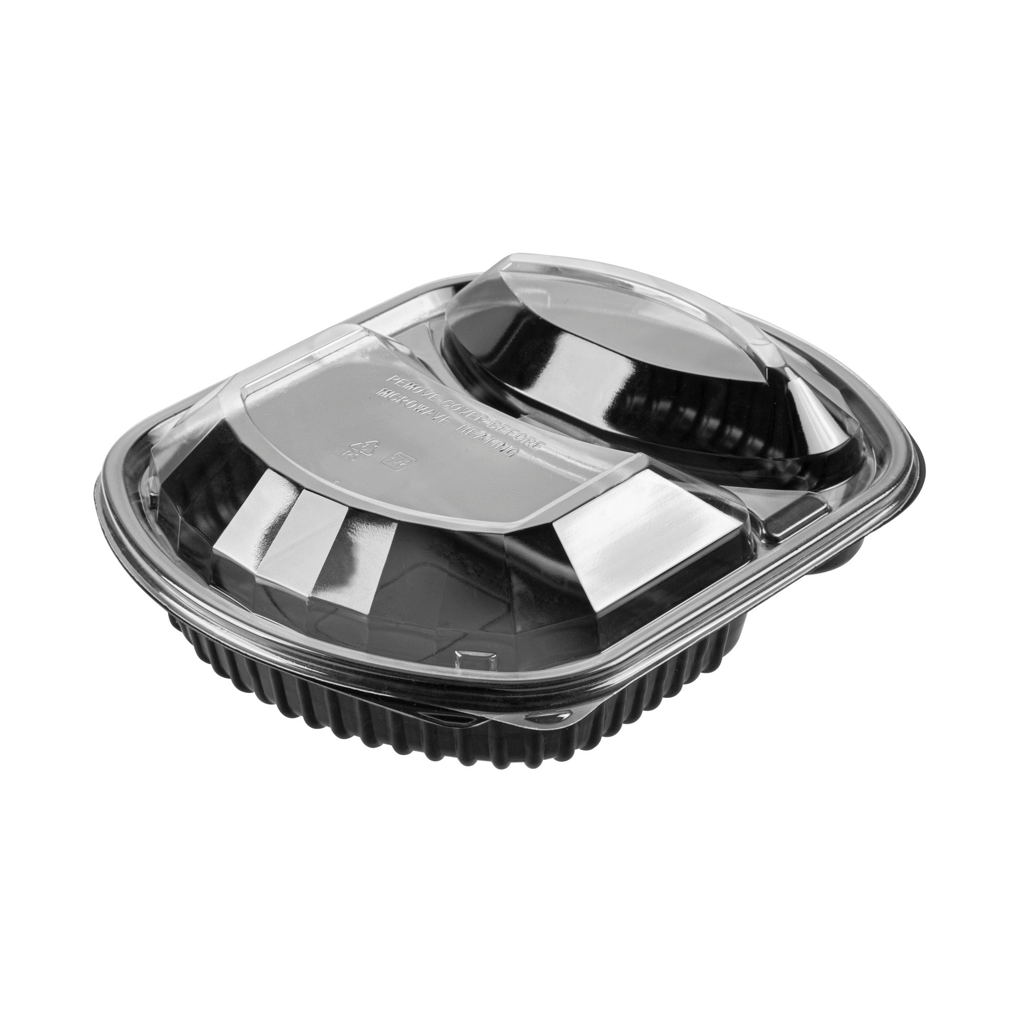 Chef 101 36 oz Rectangle Black Plastic Food Container - with Clear Lid, Microwavable, 2 Compartments - 9 1/4" x 8" x 2 3/4" - 100 count box