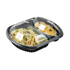 Chef 101 36 oz Rectangle Black Plastic Food Container - with Clear Lid, Microwavable, 2 Compartments - 9 1/4