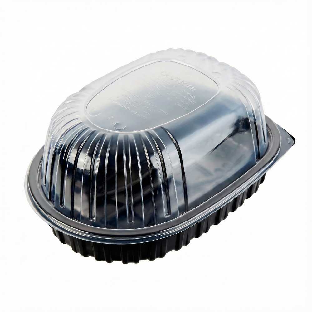 Chef 101 Black Plastic Chicken Roaster Container - with Clear Dome Lid, Microwavable - 10" x 7 1/2" x 4 1/2" - 100 count box
