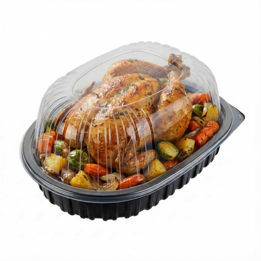 Chef 101 Black Plastic Chicken Roaster Container - with Clear Dome Lid, Microwavable - 10" x 7 1/2" x 4 1/2" - 100 count box