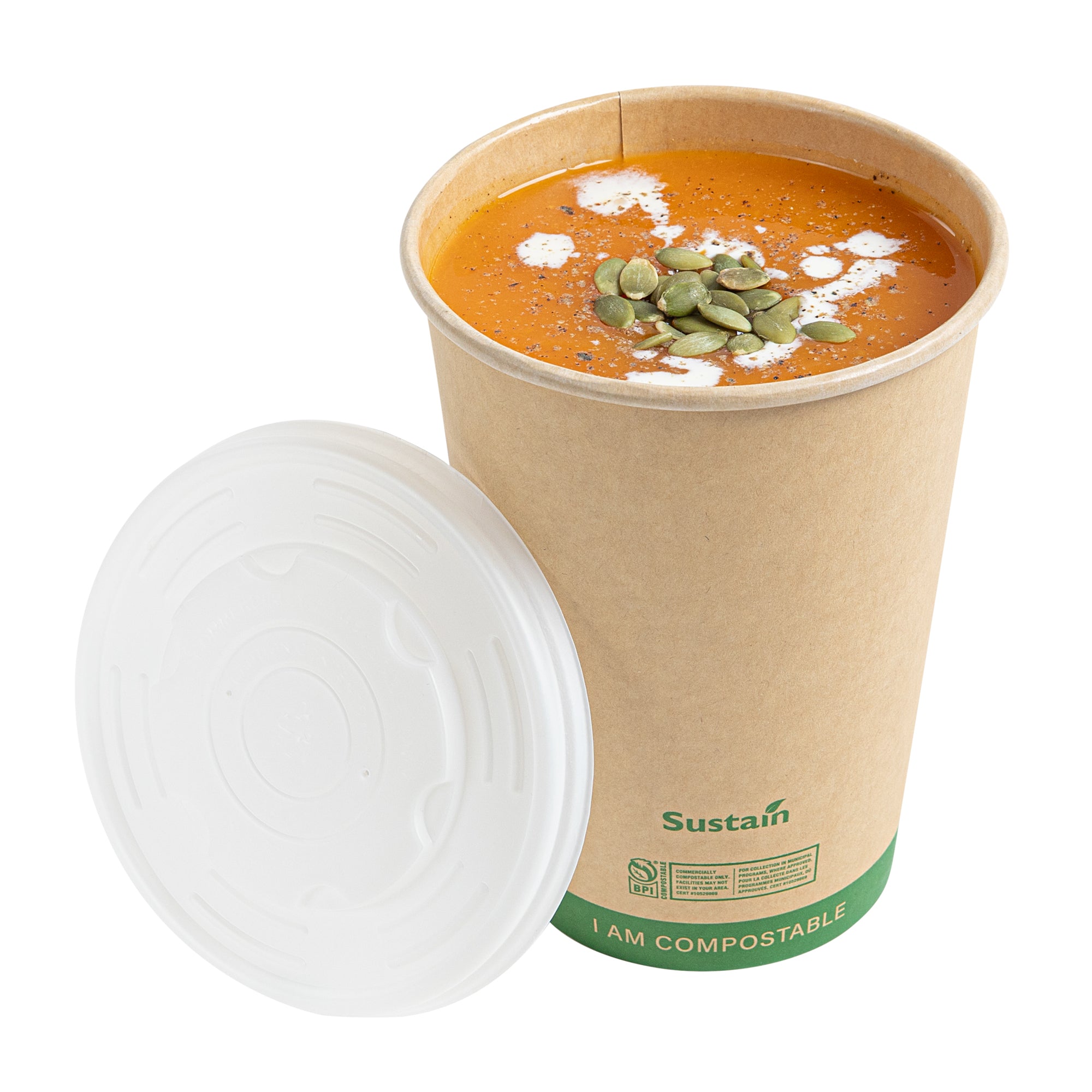 Sustain Round White PLA Plastic Lid - Compostable, Fits 12, 16, 24 & 32 oz Soup Container - 25 count box