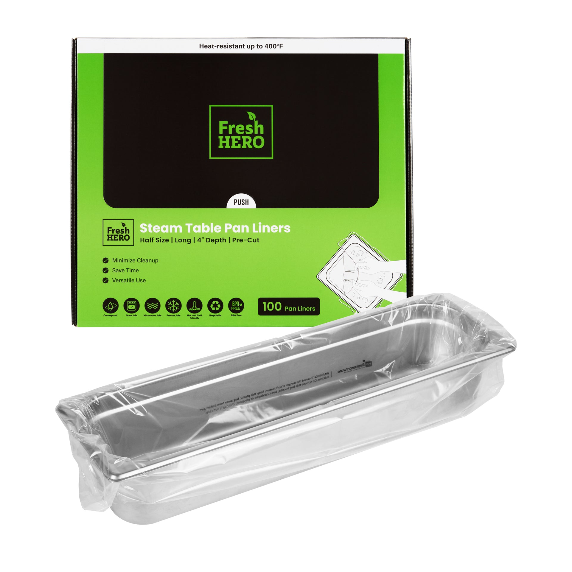 Fresh Hero Nylon Half Size Long Steam Table Pan Liner - 4" Depth - 27" x 11" - 100 count box