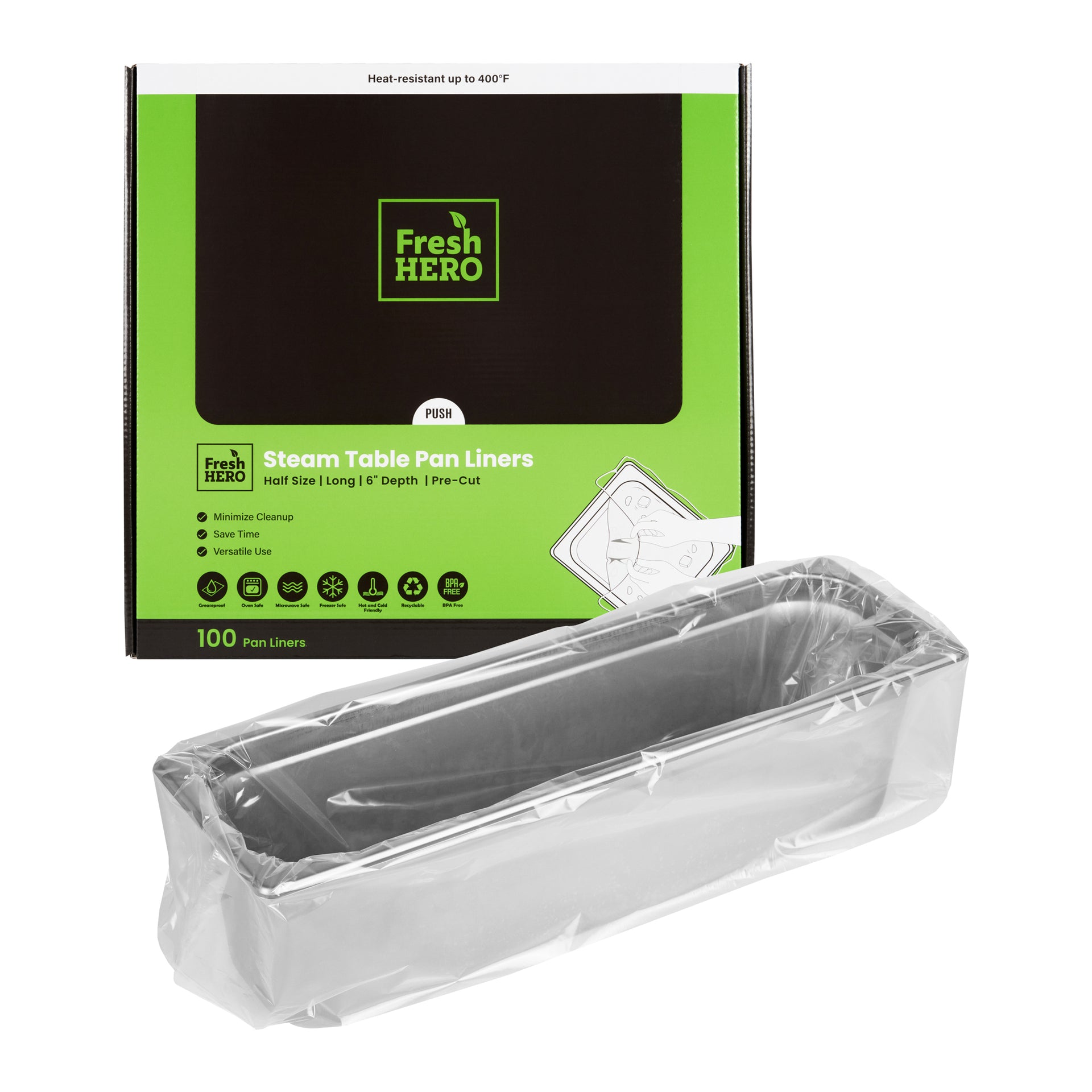 Fresh Hero Nylon Half Size Long Steam Table Pan Liner - 6" Depth - 27" x 14" - 100 count box