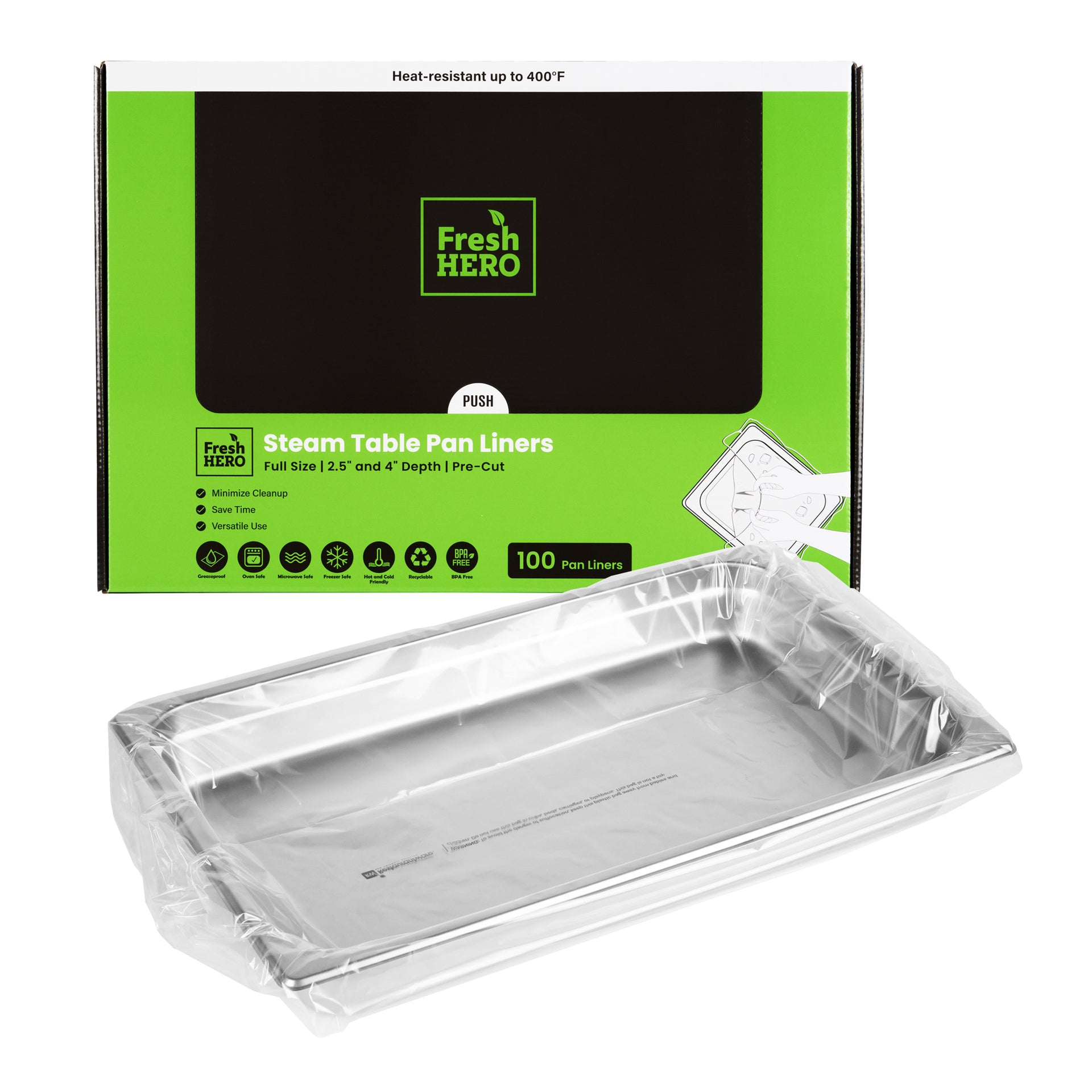Fresh Hero Nylon Full Size Steam Table Pan Liner - 2.5" and 4" Depth - 34" x 12" - 100 count box