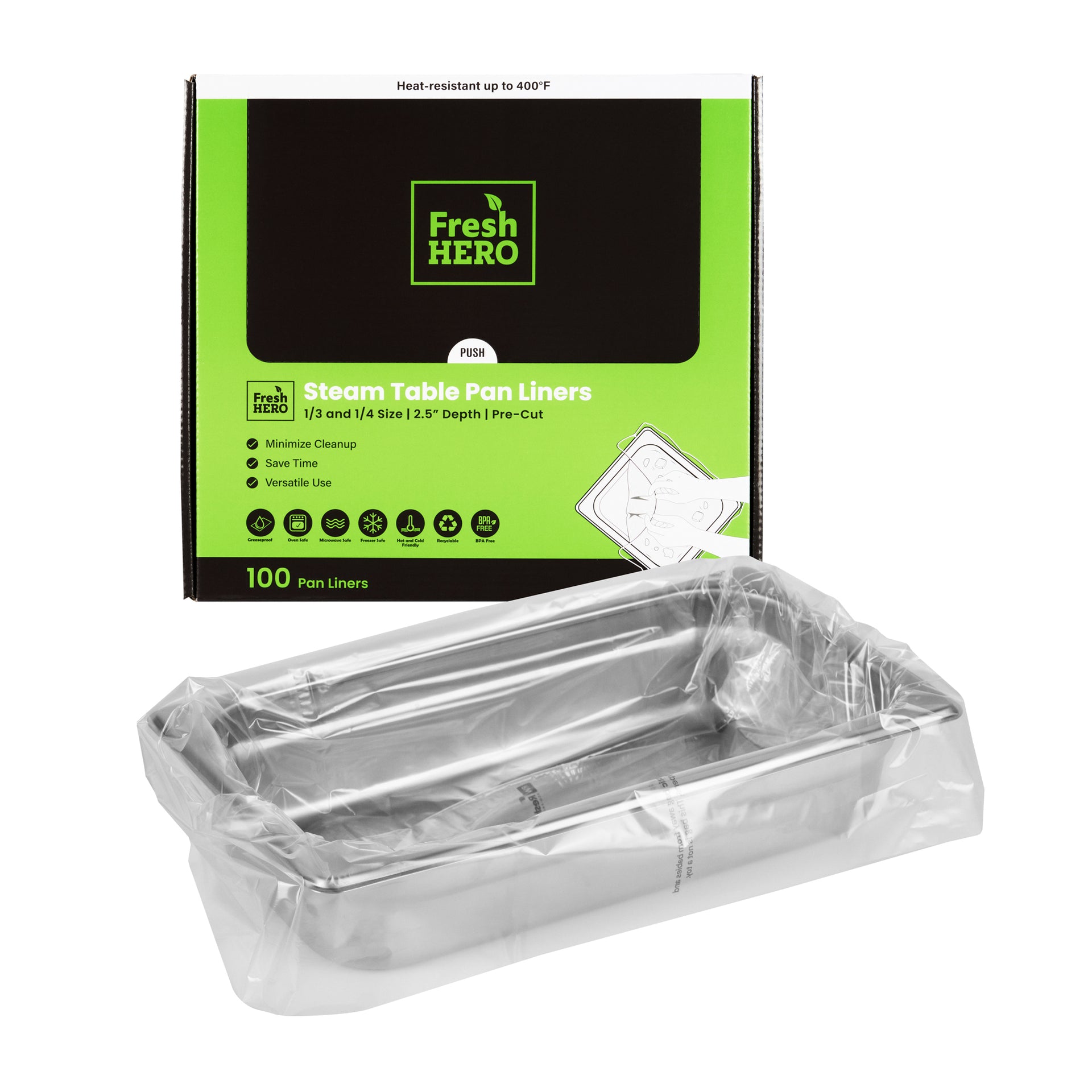 Fresh Hero Nylon 1/3 and 1/4 Steam Table Pan Liner - 2.5" Depth - 19" x 10" - 100 count box