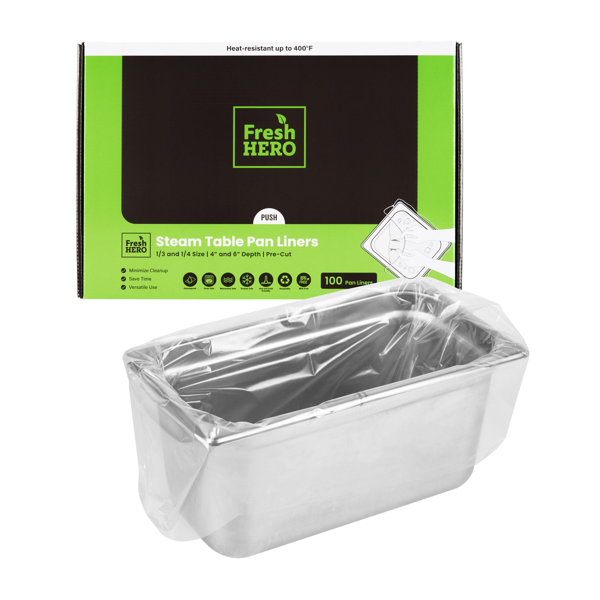 Fresh Hero Nylon 1/3 and 1/4 Steam Table Pan Liner - 4" and 6" Depth - 19" x 14" - 100 count box