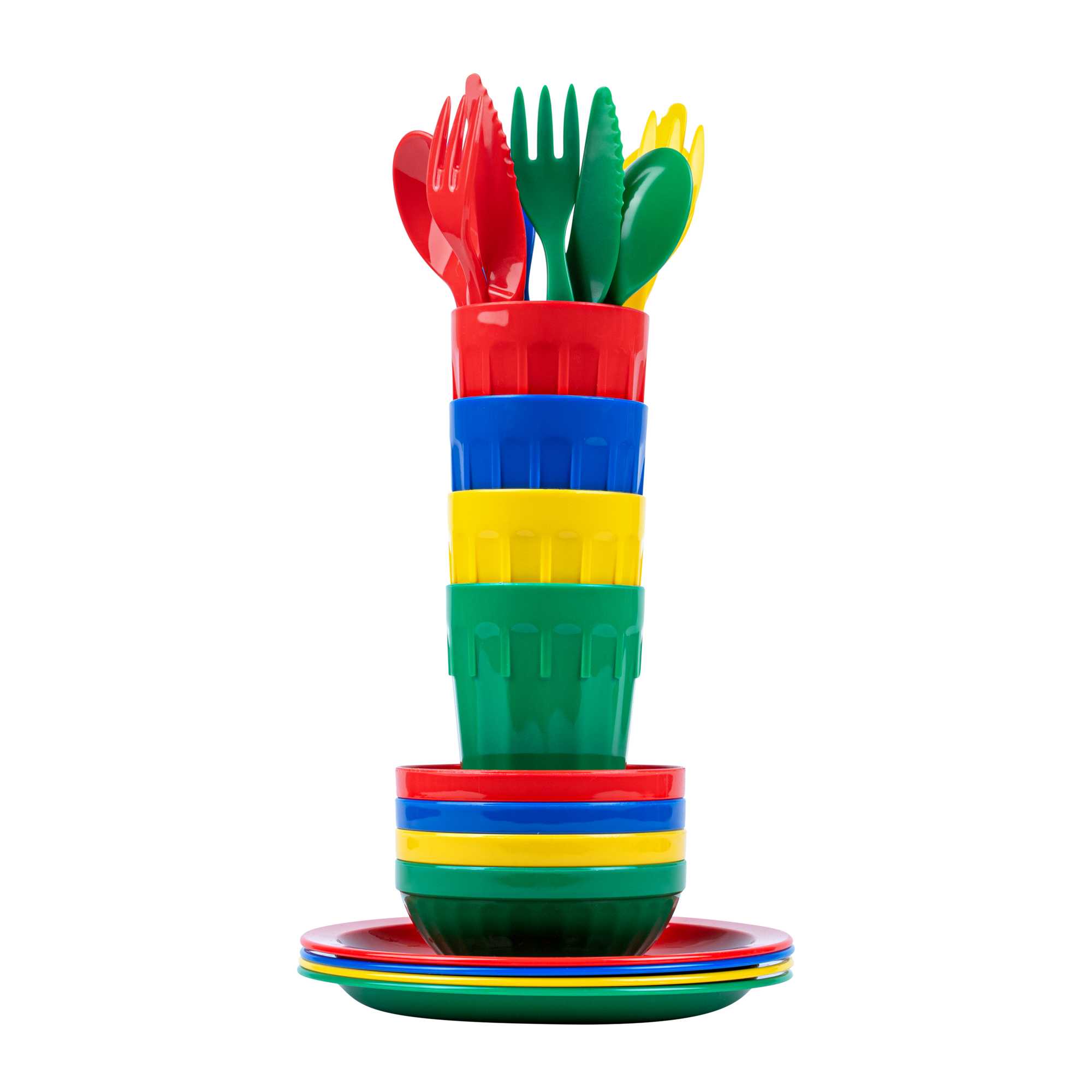 RW Kids 24-Piece Assorted Plastic Kids Dinnerware Set with Plates - Microwave-Safe, Dishwasher-Safe, BPA-Free - 1 Count Box