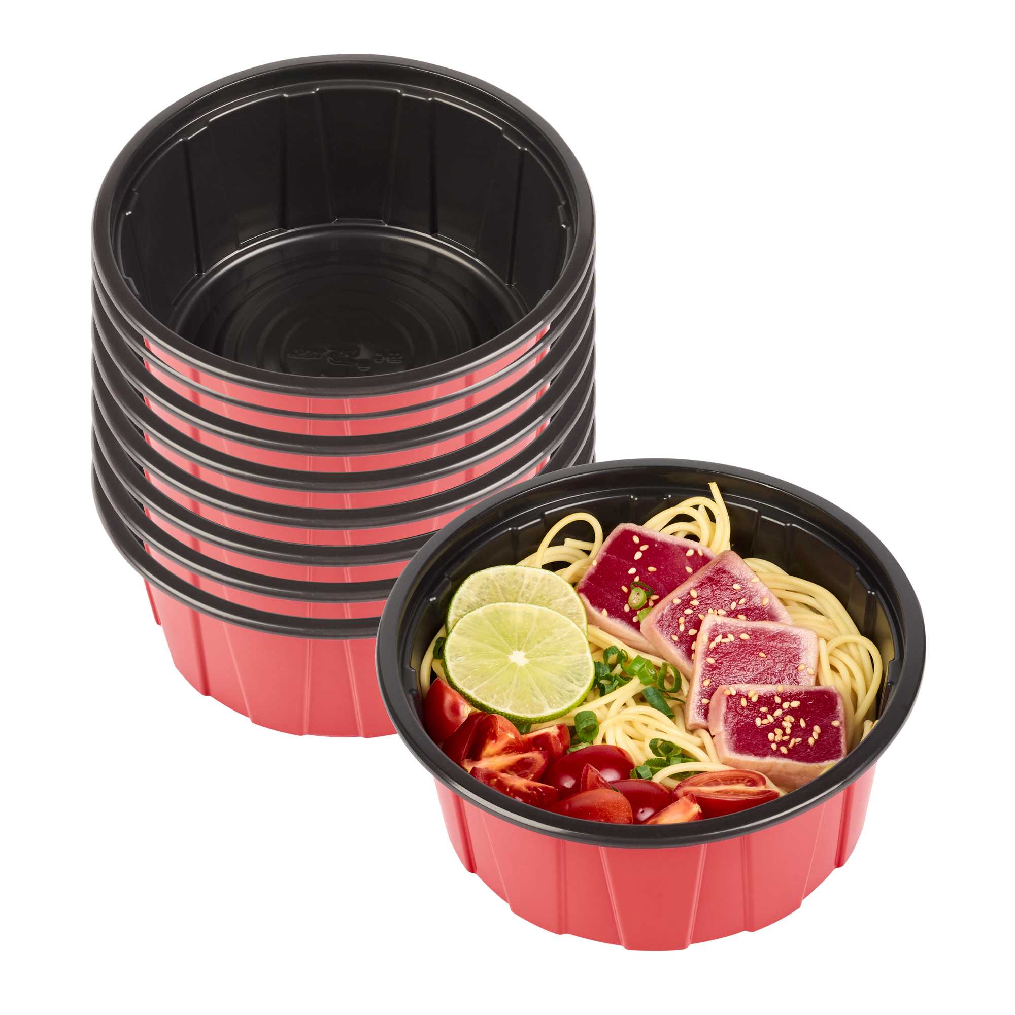 Bento Tek 42 oz Round Red Plastic To Go Box - Microwave-Safe - 7" x 7" x 3 1/4" - 50 count box