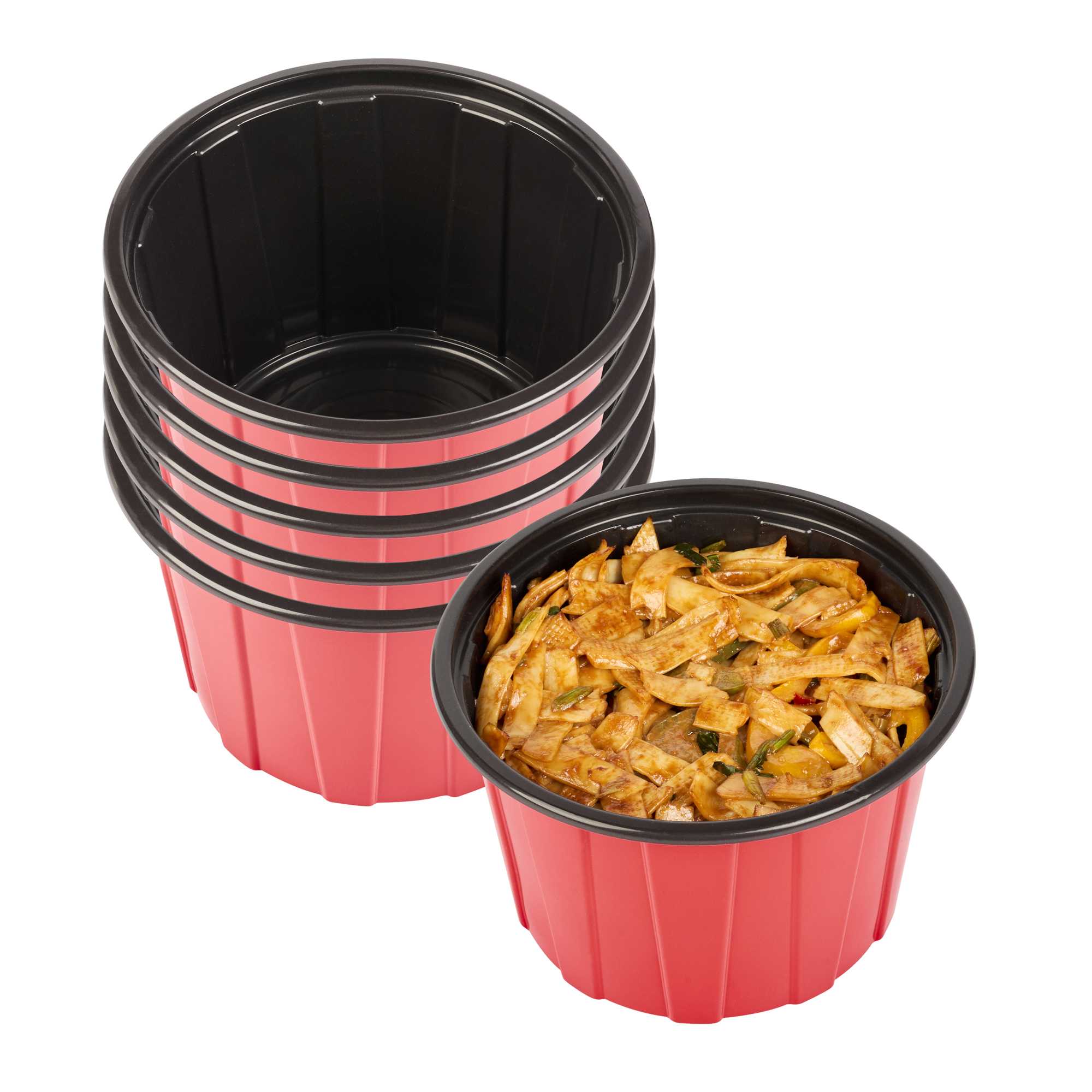 Bento Tek 58 oz Round Red Plastic To Go Box - Microwave-Safe - 7" x 7" x 4 1/2" - 50 count box