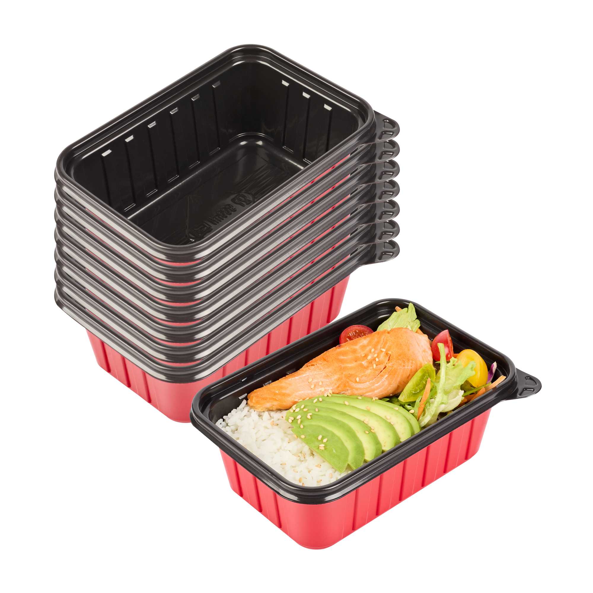 Bento Tek 30 oz Rectangle Red Plastic To Go Box - Microwave-Safe - 7 1/4" x 4 3/4" x 2 3/4" - 50 count box