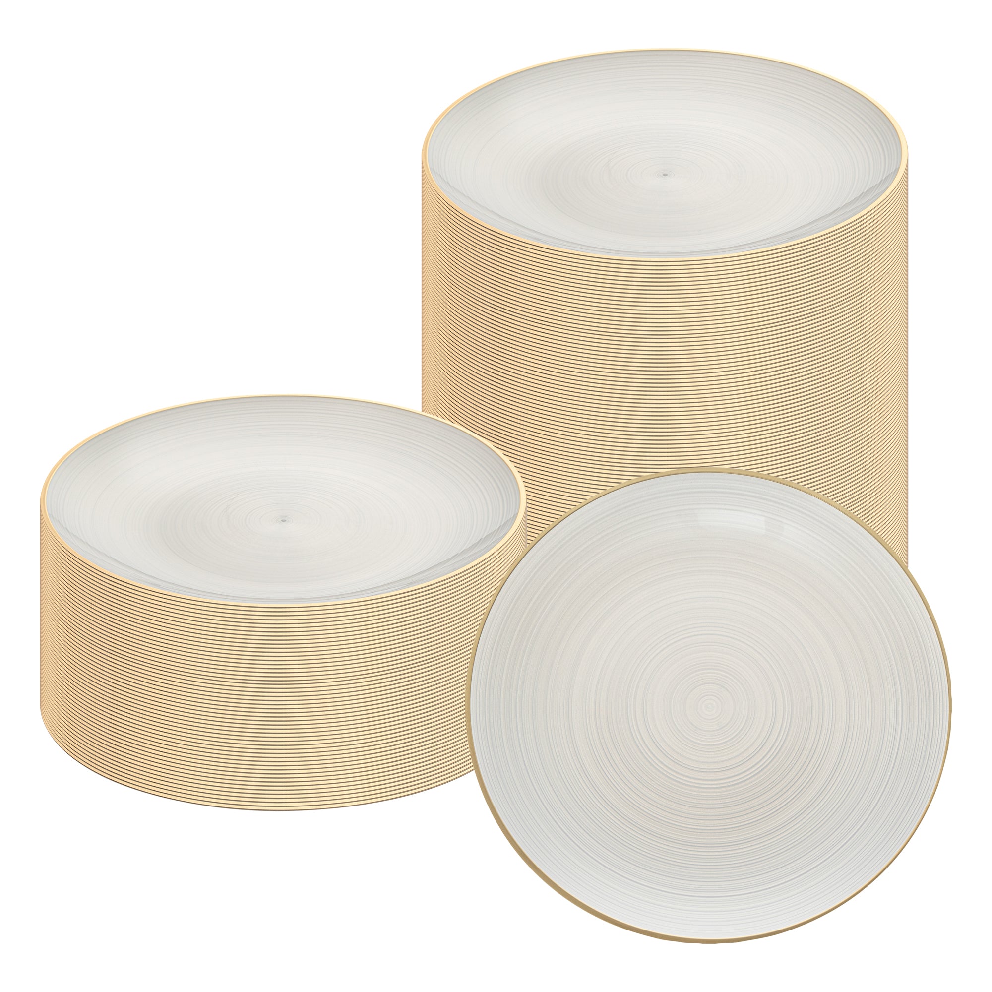 Moderna Round White Translucent Plastic Gold-Rimmed Plate - Rippled - 10" x 10" x 3/4" - 20 count box
