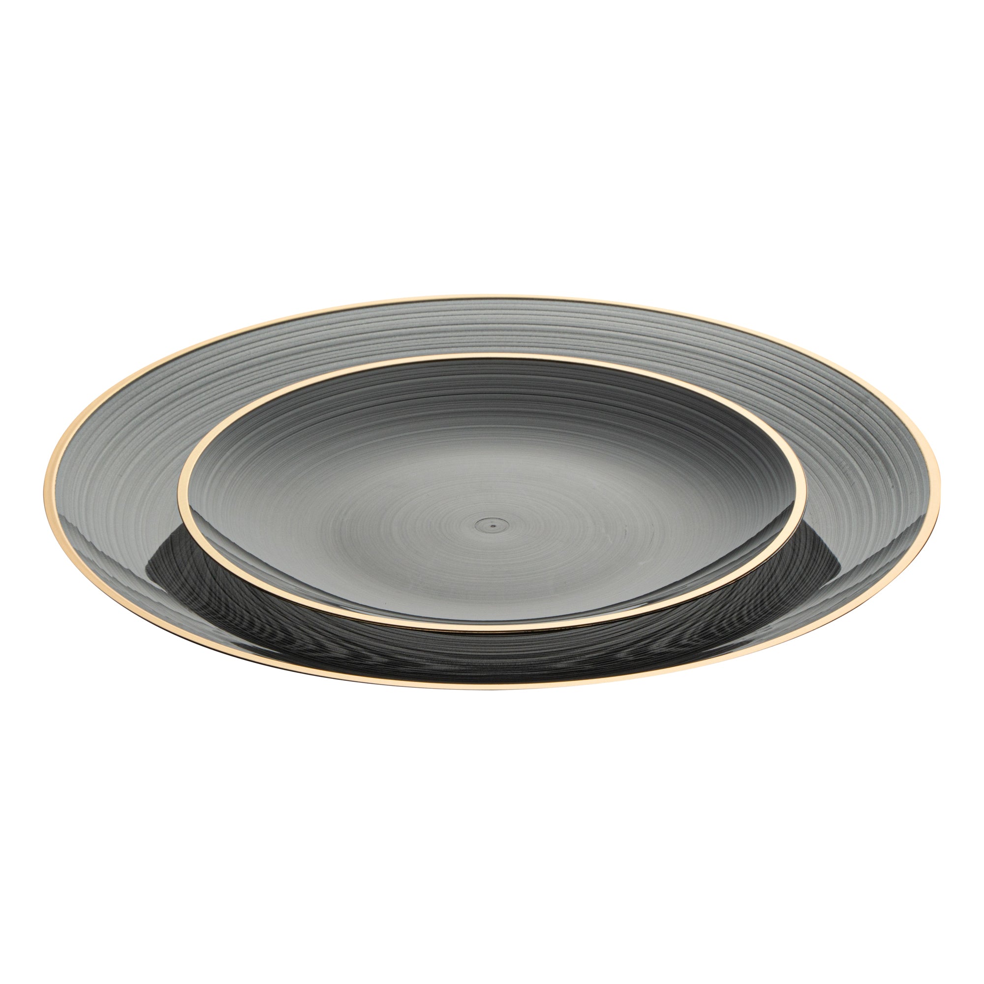 Moderna Round Black Translucent Plastic Gold-Rimmed Plate Set - Rippled, Includes 7 1/4" and 10" Plates - 40 count box