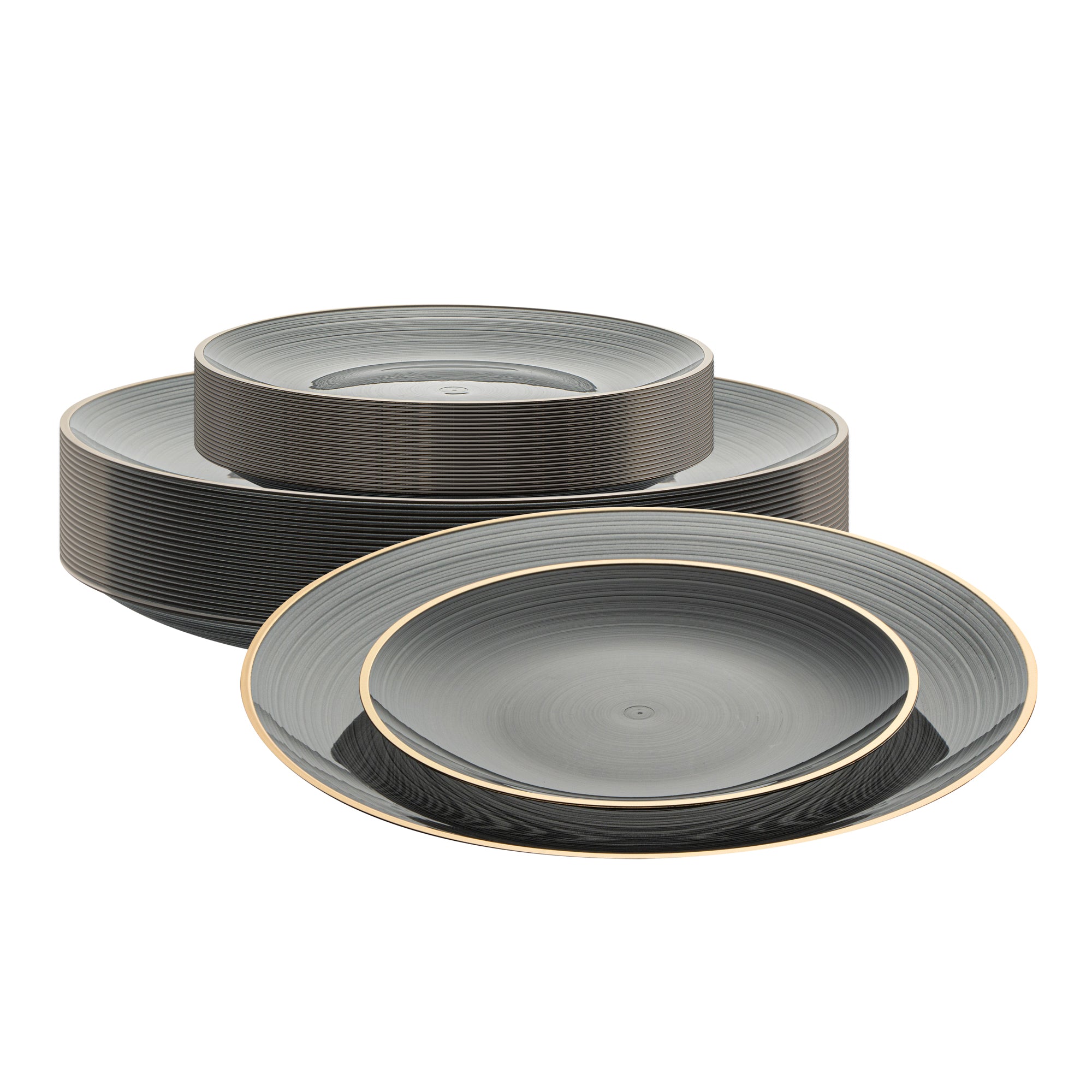 Moderna Round Black Translucent Plastic Gold-Rimmed Plate Set - Rippled, Includes 7 1/4" and 10" Plates - 40 count box