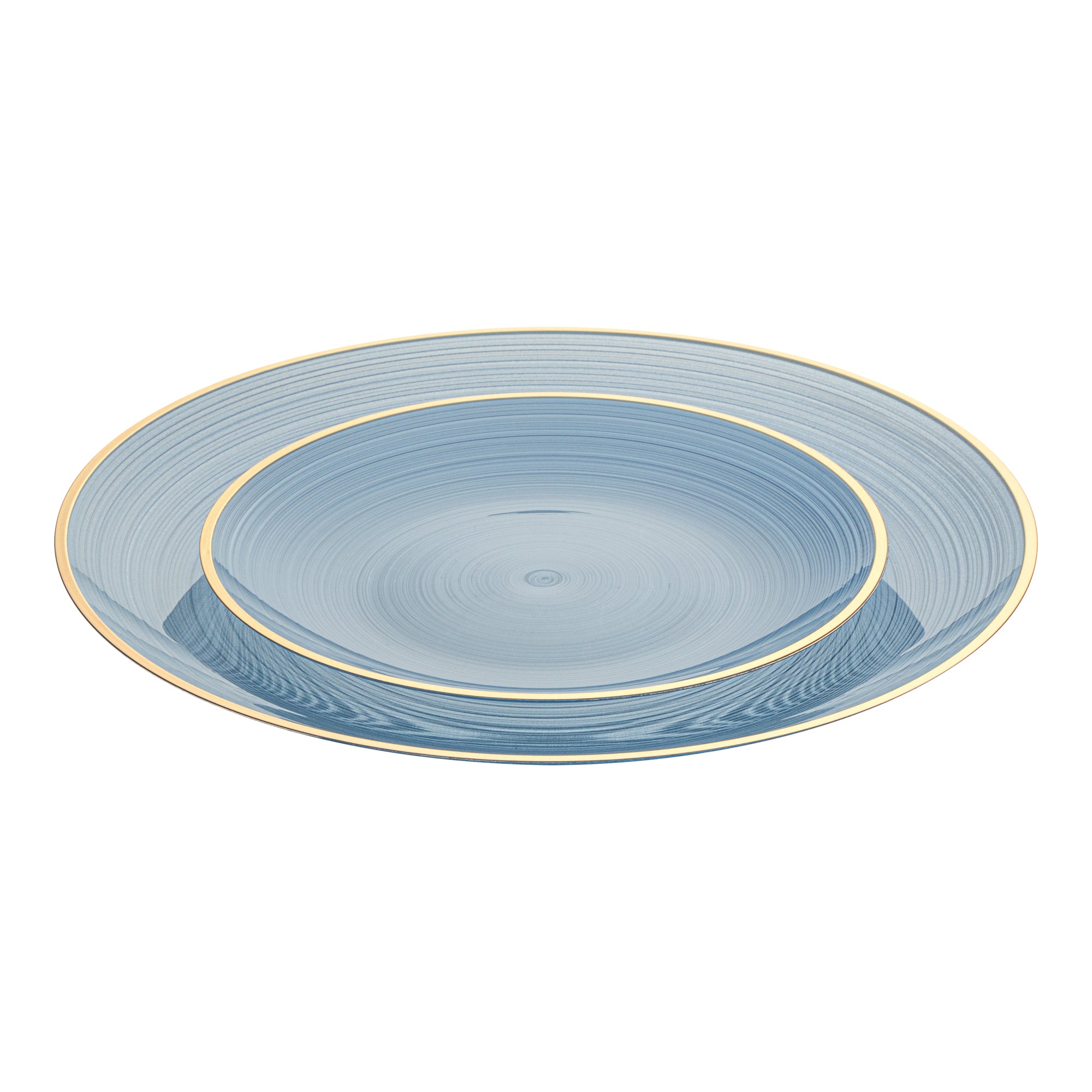 Moderna Round Blue Translucent Plastic Gold-Rimmed Plate Set - Rippled, Includes 7 1/4" and 10" Plates - 200 count box