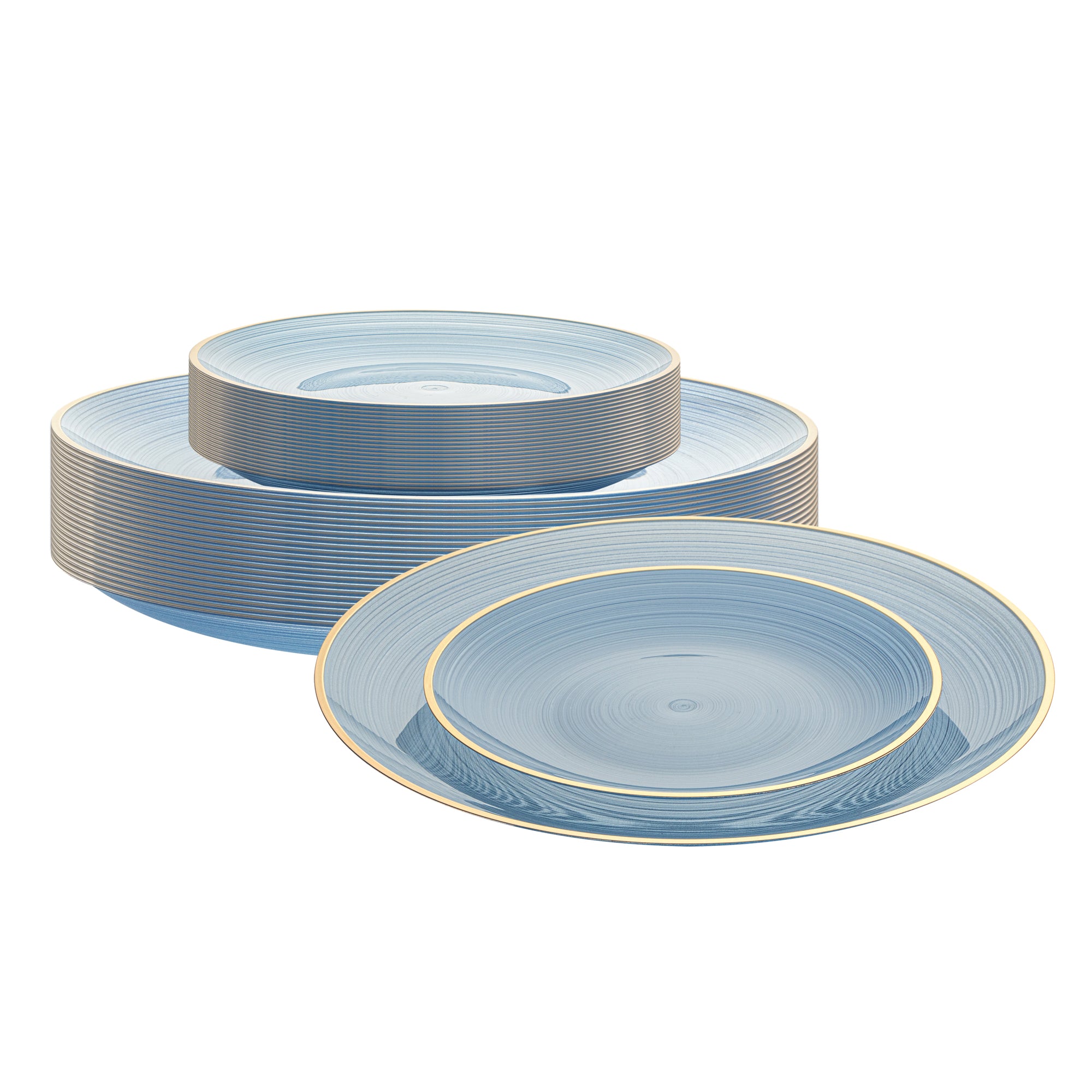 Moderna Round Blue Translucent Plastic Gold-Rimmed Plate Set - Rippled, Includes 7 1/4" and 10" Plates - 200 count box