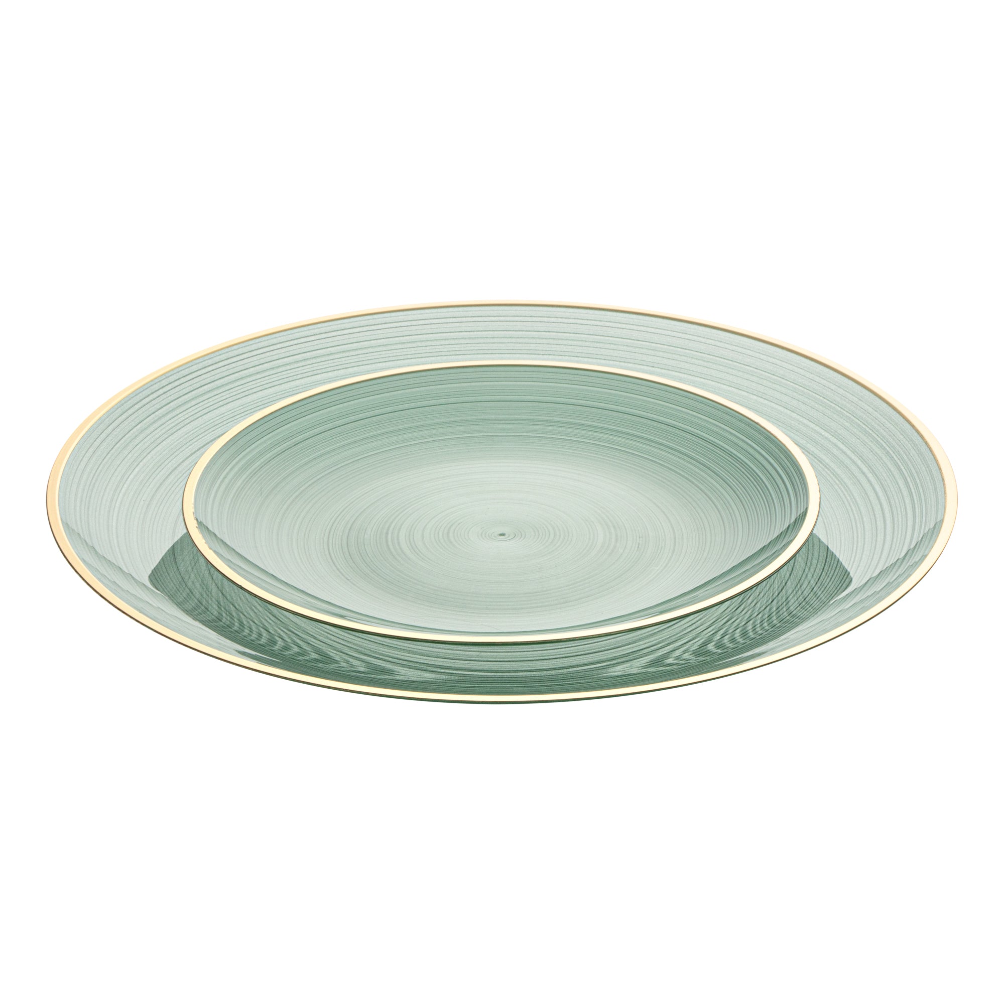 Moderna Round Green Translucent Plastic Gold-Rimmed Plate Set - Rippled, Includes 7 1/4" and 10" Plates - 40 count box