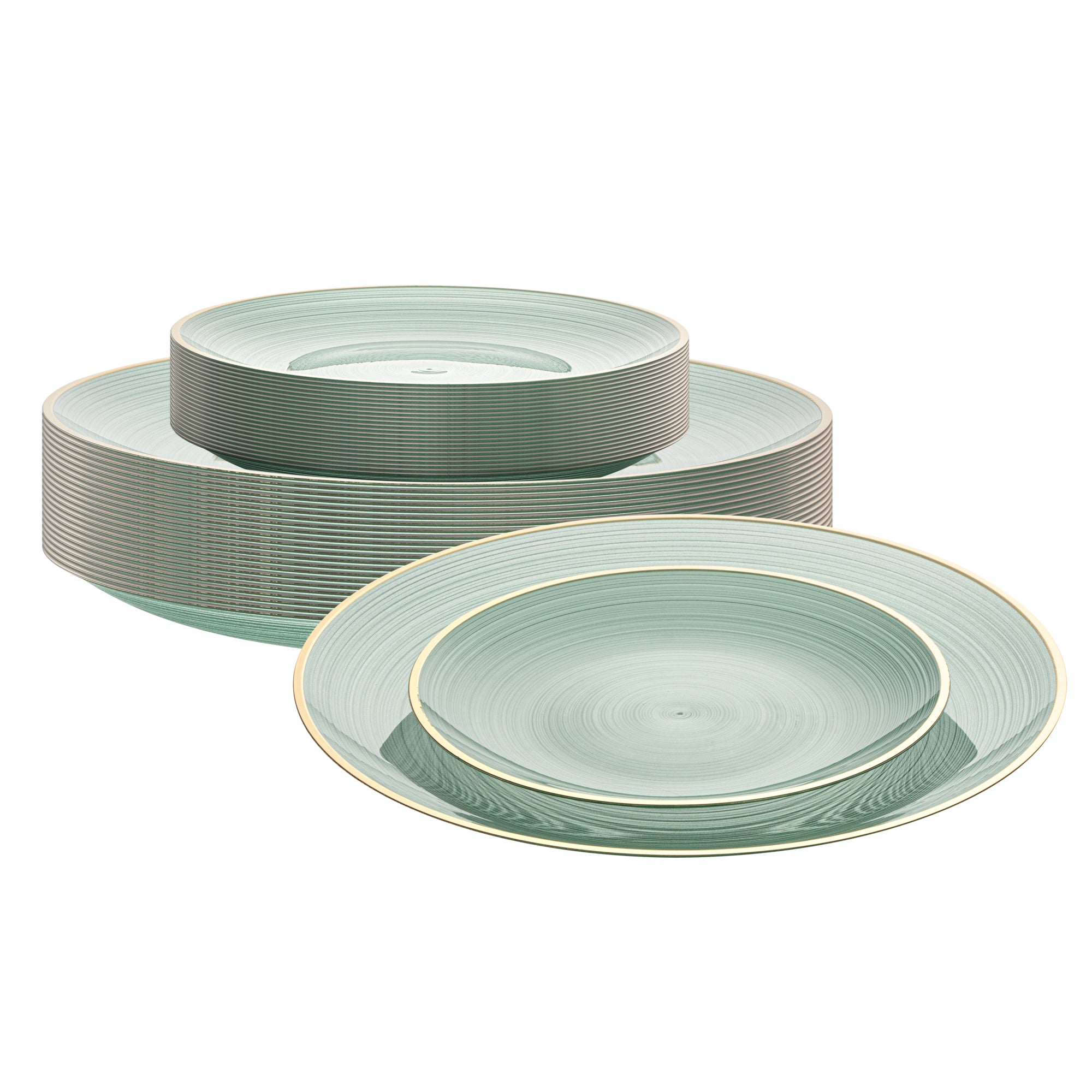 Moderna Round Green Translucent Plastic Gold-Rimmed Plate Set - Rippled, Includes 7 1/4" and 10" Plates - 40 count box