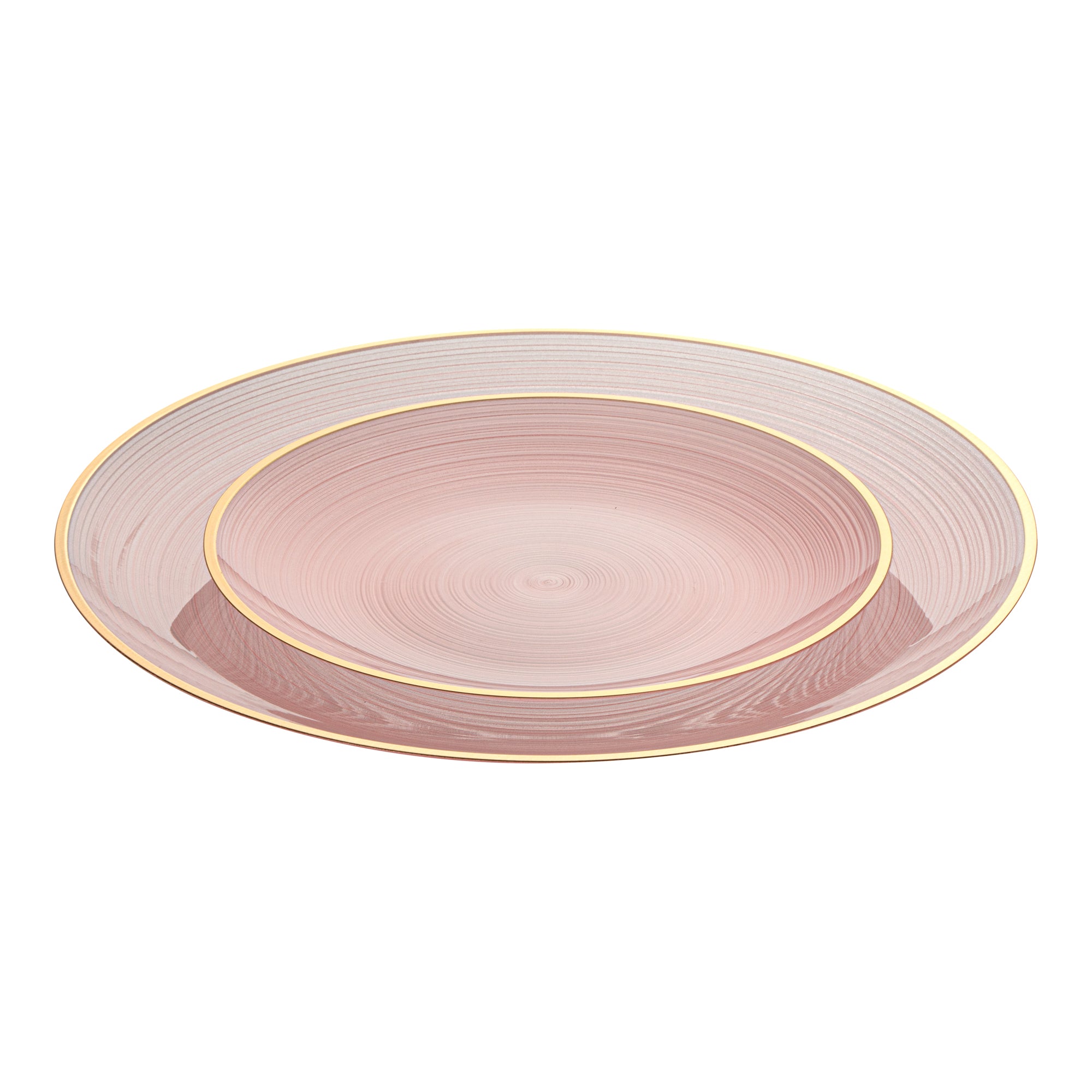 Moderna Round Pink Translucent Plastic Gold-Rimmed Plate Set - Rippled, Includes 7 1/4" and 10" Plates - 40 count box