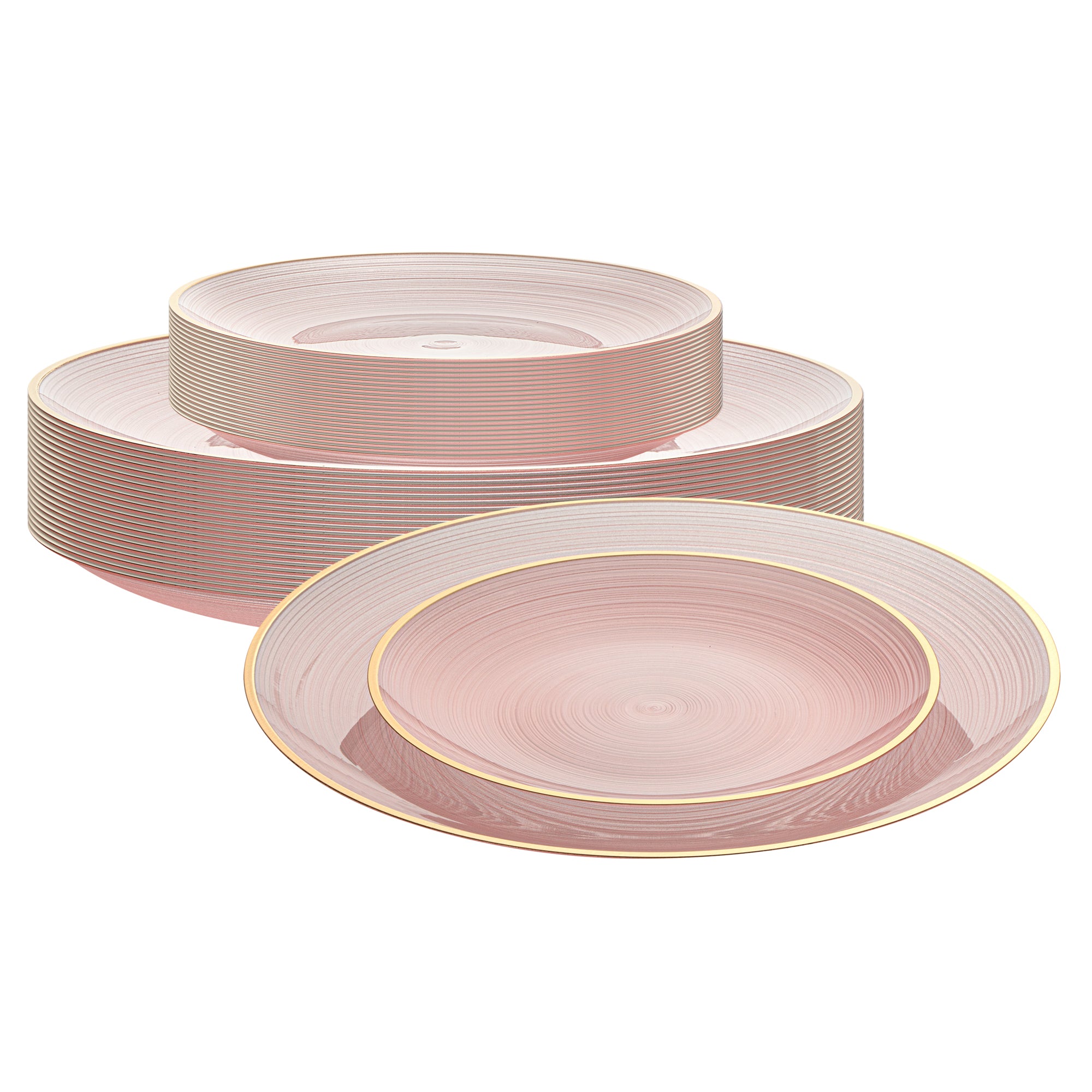 Moderna Round Pink Translucent Plastic Gold-Rimmed Plate Set - Rippled, Includes 7 1/4" and 10" Plates - 40 count box