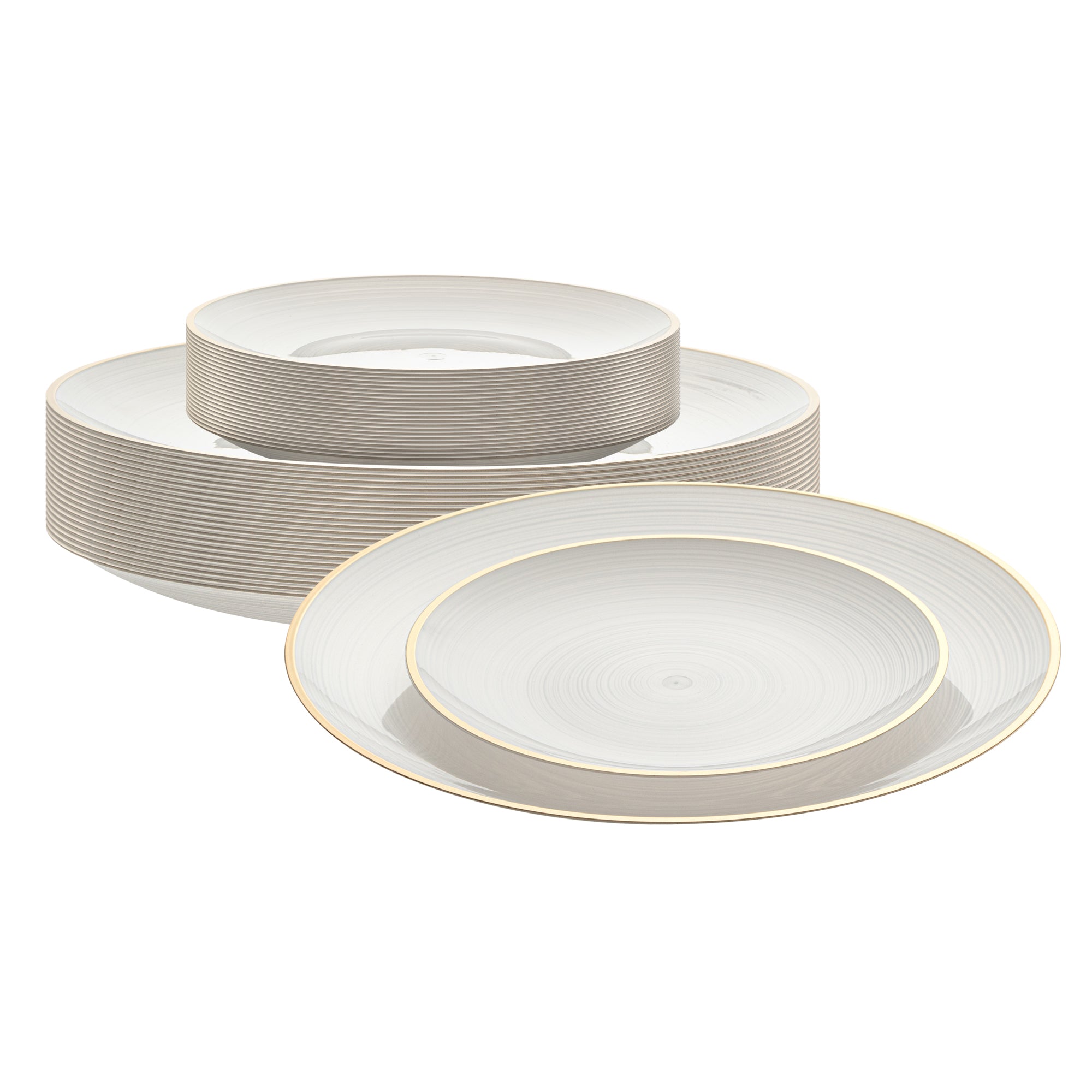 Moderna Round White Translucent Plastic Gold-Rimmed Plate Set - Rippled, Includes 7 1/4" and 10" Plates - 200 count box