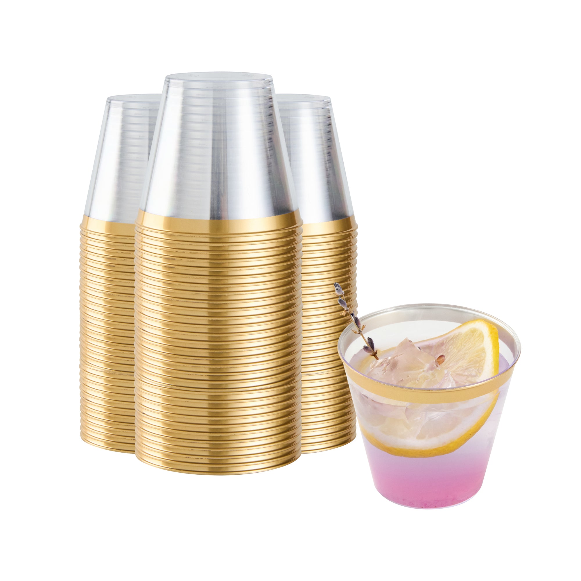 Chef 101 5 oz Clear Plastic Tumbler - with Gold Rim - 2 3/4" x 2 3/4" x 2 1/4" - 500 count box