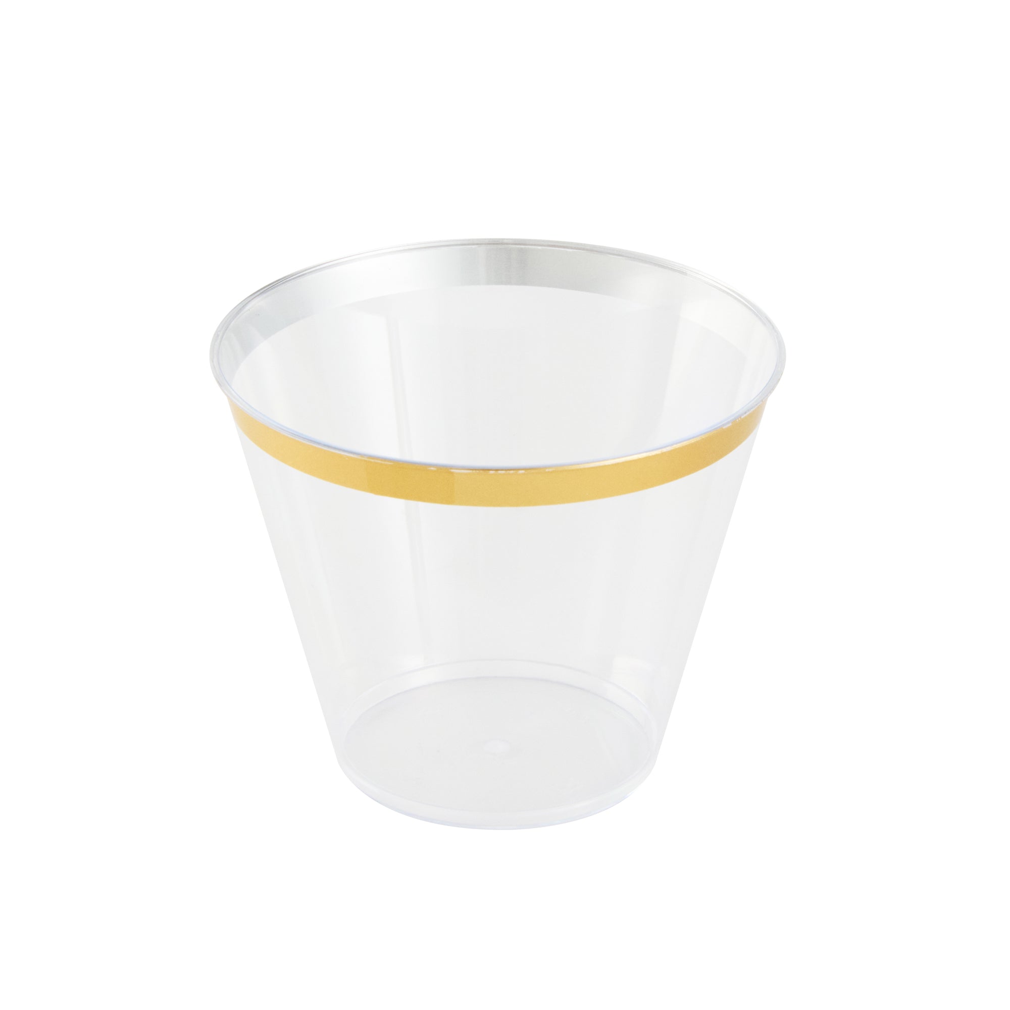 Chef 101 9 oz Clear Plastic Tumbler - with Gold Rim - 3 1/2" x 3 1/2" x 2 3/4" - 500 count box