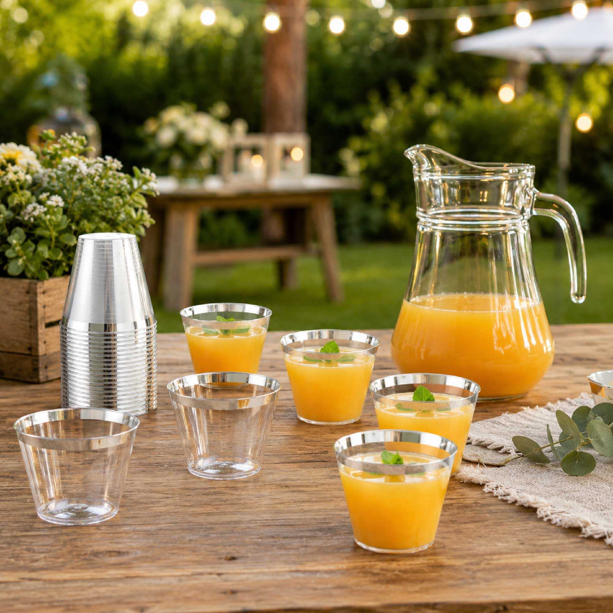 Chef 101 9 oz Clear Plastic Tumbler - with Silver Rim - 3 1/2" x 3 1/2" x 2 3/4" - 500 count box