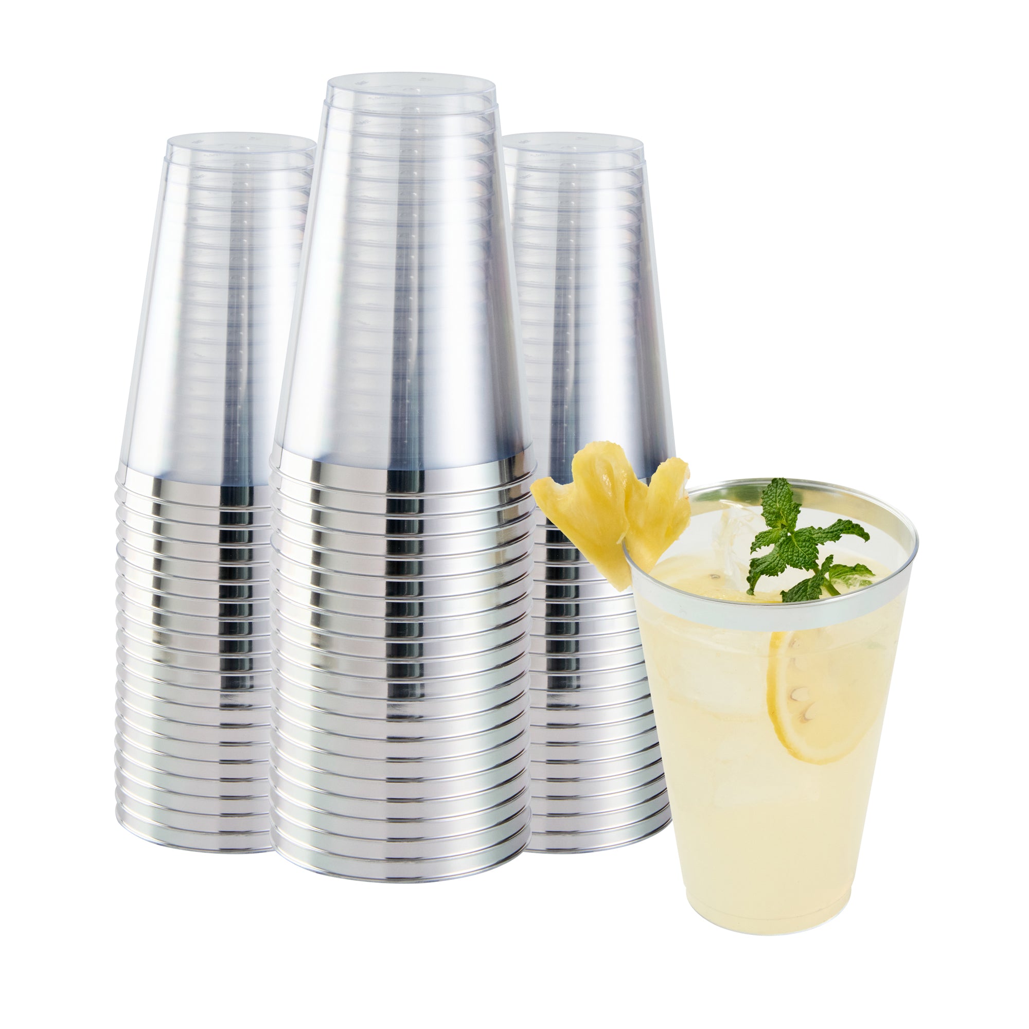 Chef 101 14 oz Clear Plastic Tumbler - with Silver Rim - 3 1/4" x 3 1/4" x 4 3/4" - 500 count box