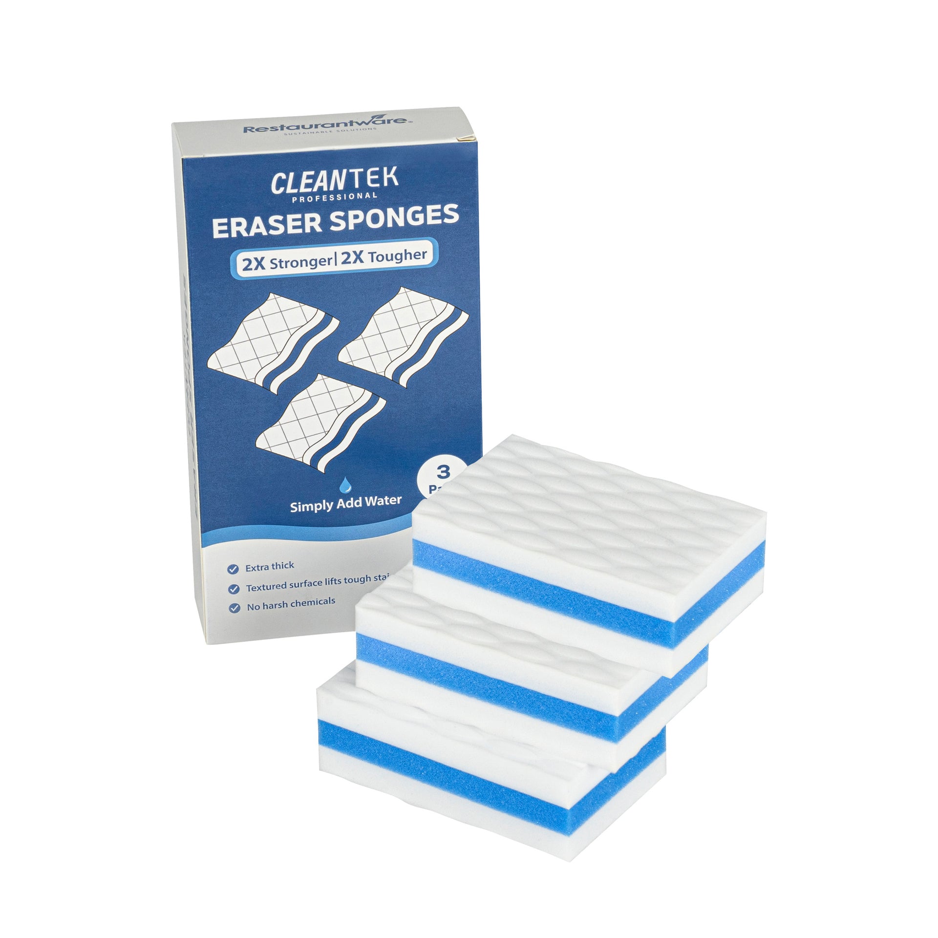 Clean Tek Professional White and Blue Triple Layer Melamine Eraser Sponge - 4 1/4" x 2 3/4" x 1 1/2" - 60 count box