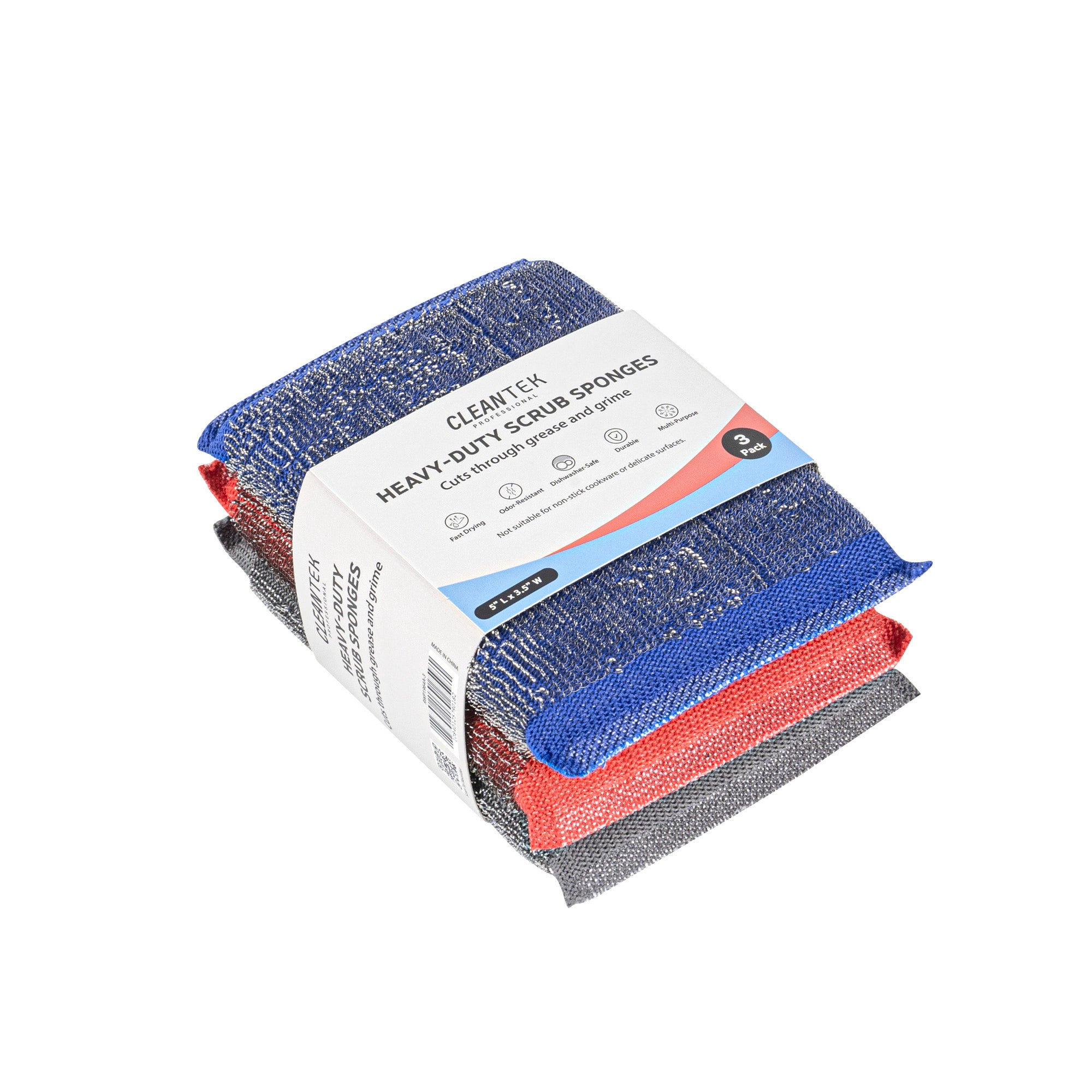 Clean Tek Professional Heavy-Duty Multi-Purpose Assorted Iron Scrub Sponge - Gray, Red, and Blue - 5" x 3 1/2" x 1/2" - 60 count box