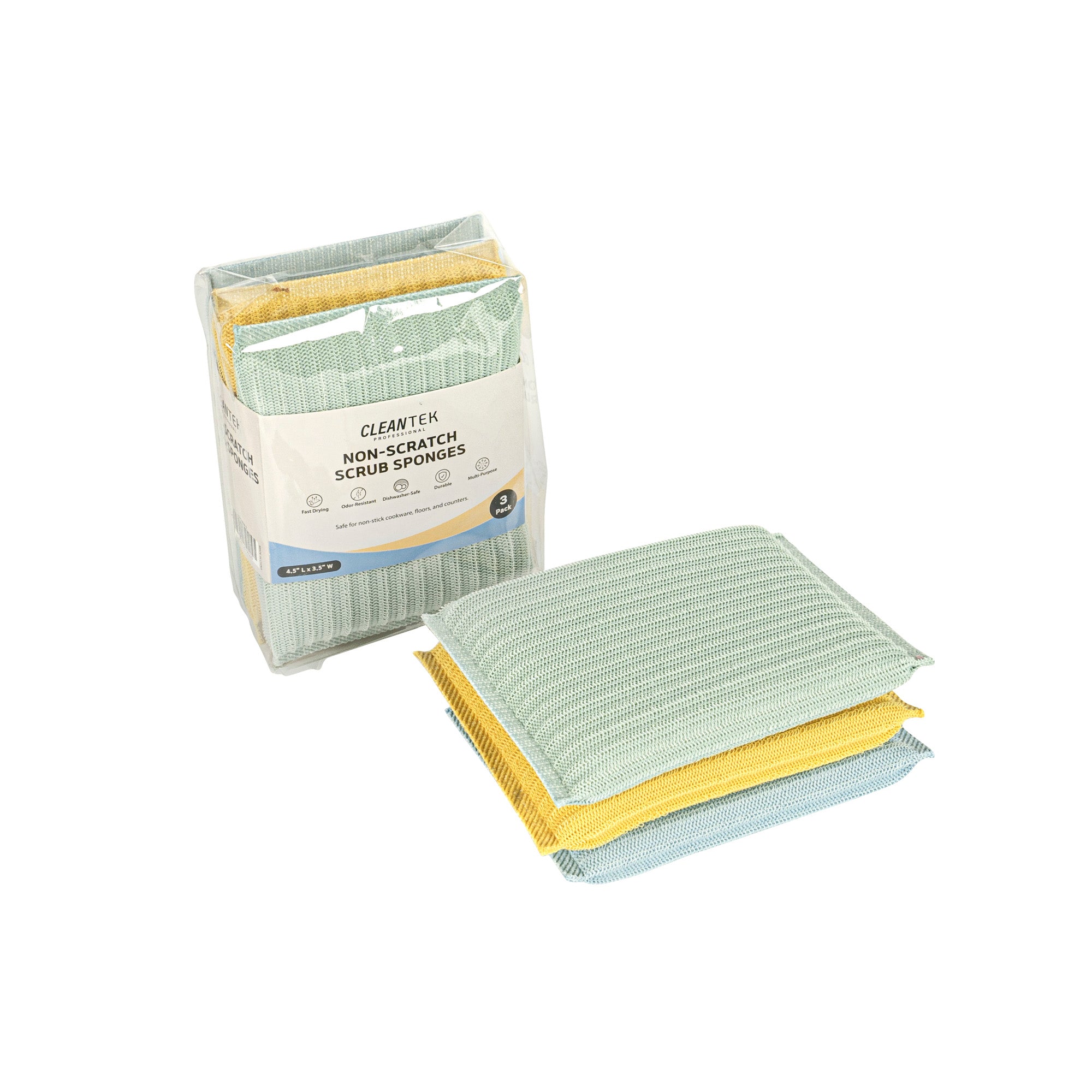 Clean Tek Professional Multi-Purpose Assorted Scrub Sponge - Blue, Yellow, and Green, Non-Scratch - 4 1/2" x 3 1/2" x 3/4" - 60 count box
